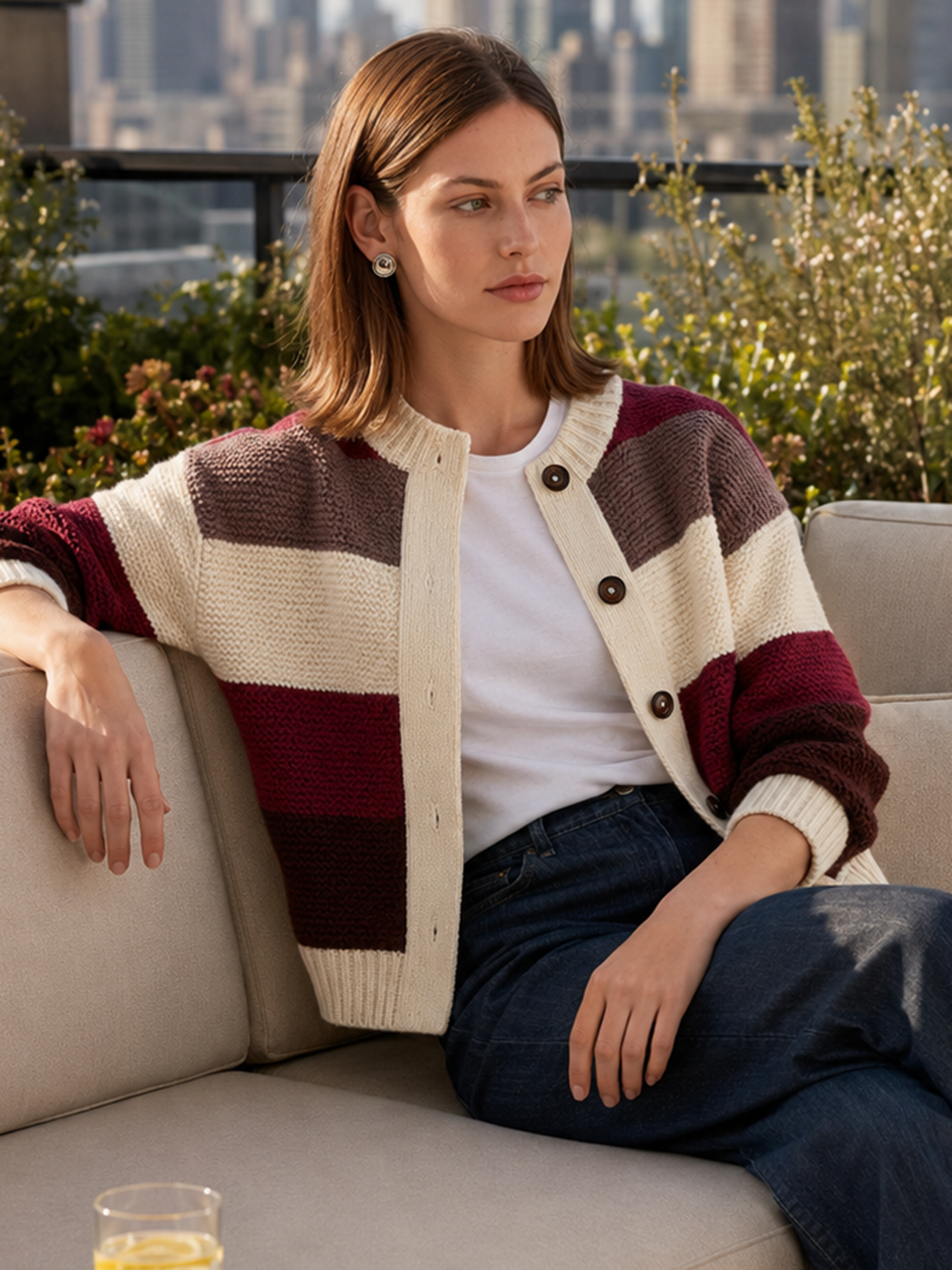 Retro Color‑Block Stripe Crew‑Neck Chunky Knit Cardigan