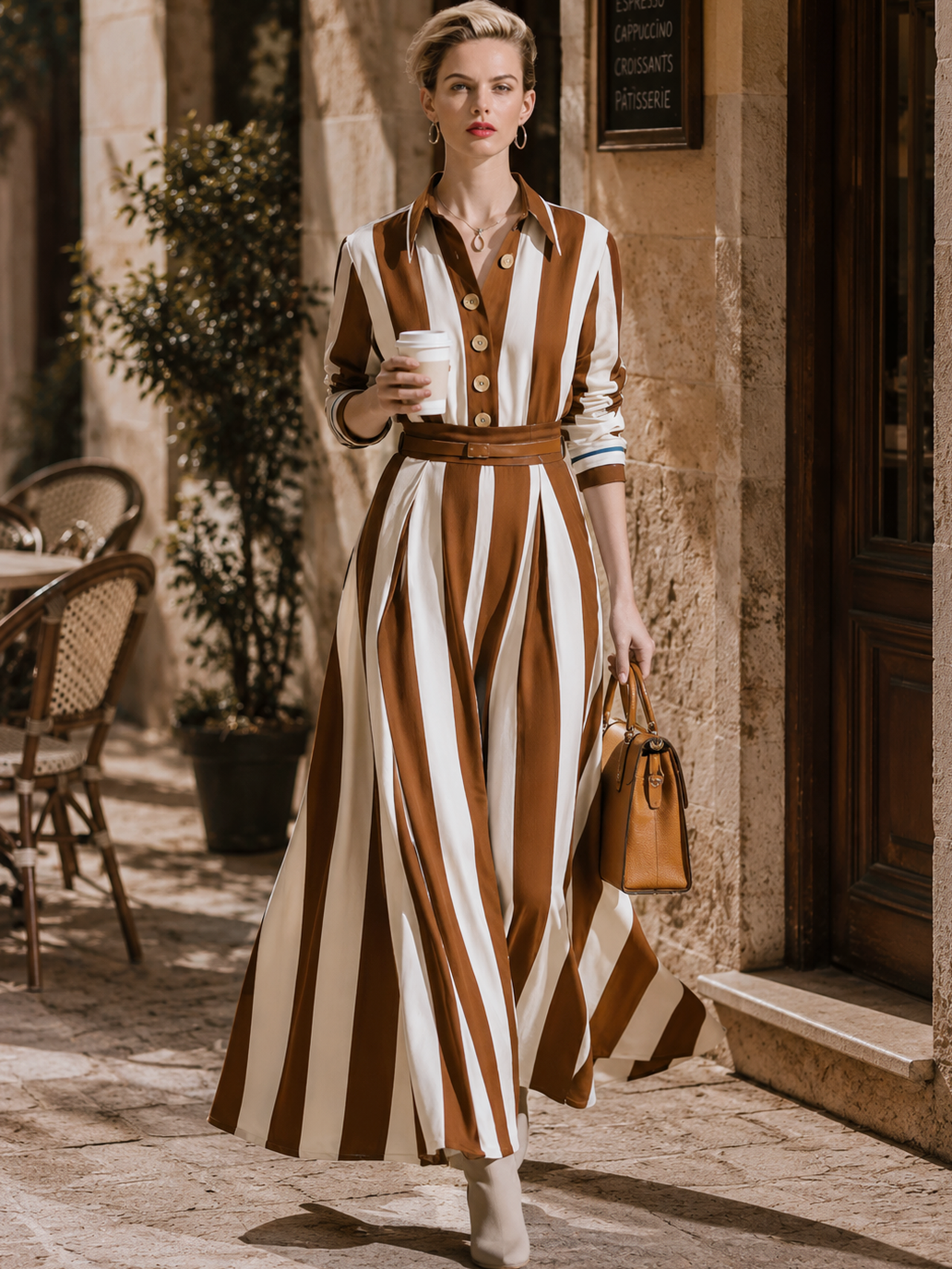 Brown‑White Vertical‑Stripe Shirt Top & Maxi Skirt Two‑Piece Set
