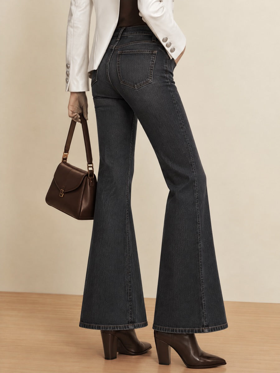 Dark Charcoal High Waist Flared Denim Trousers