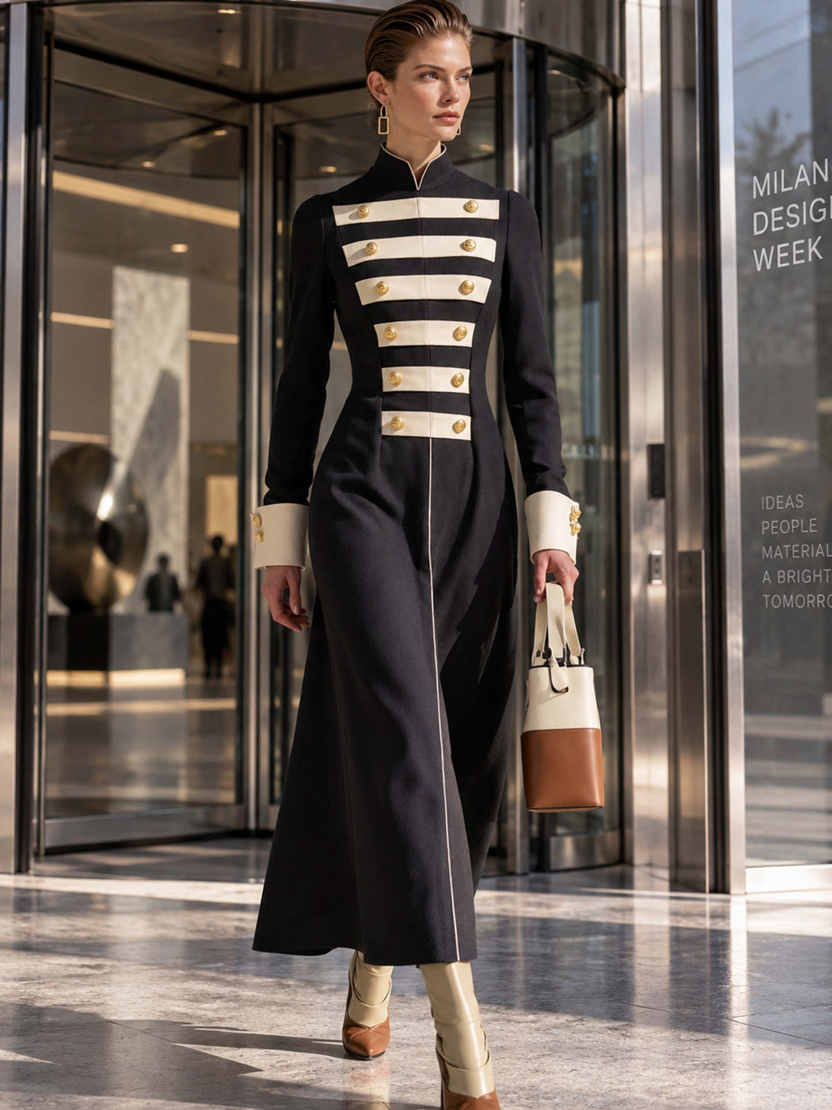 Black White Contrast Slim Long Sleeve Maxi Dress