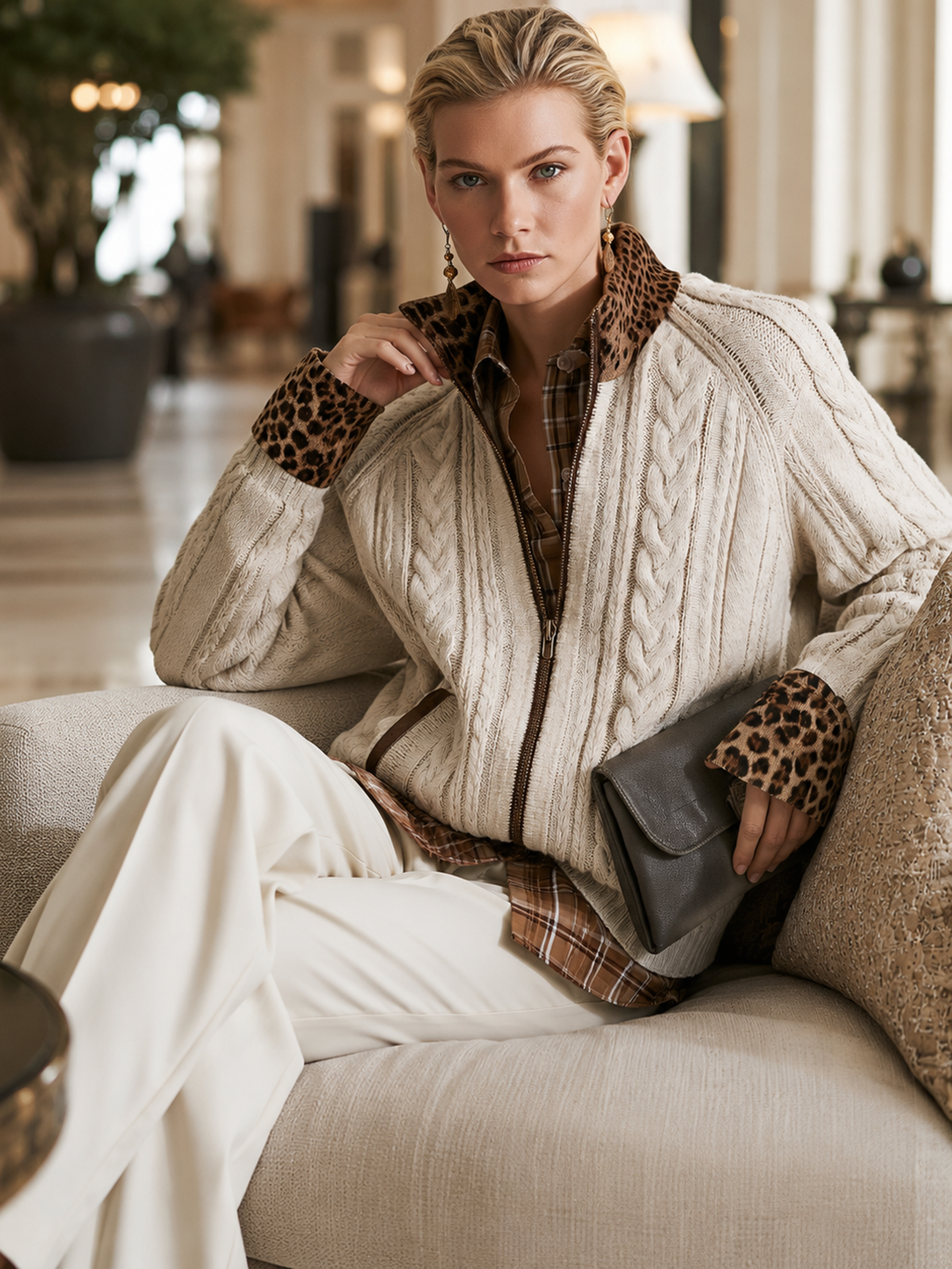 Cream Cable‑Knit Leopard‑Trim Stand‑Collar Zip‑Up Cardigan