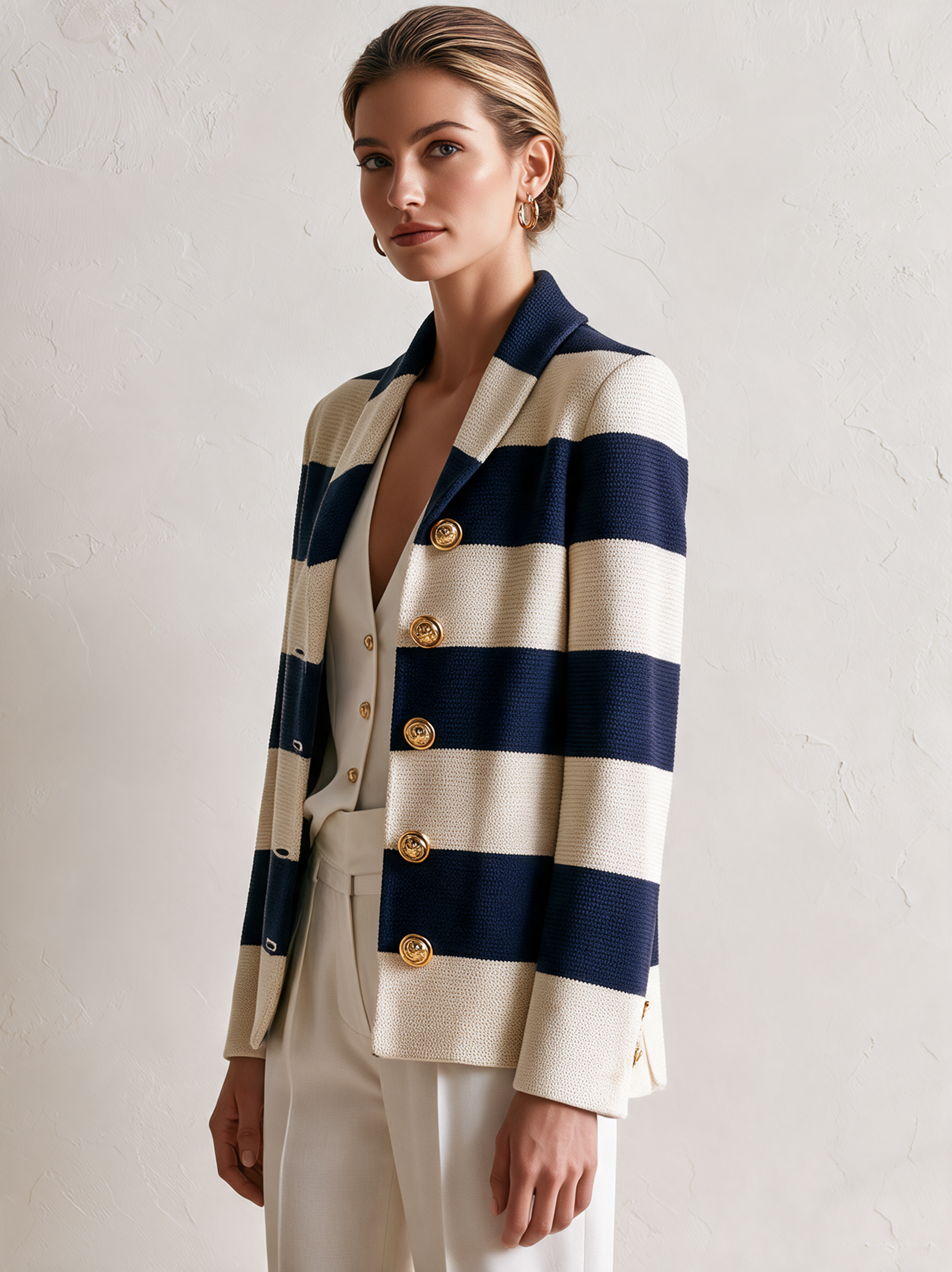 Navy‑Ivory Stripe Shawl‑Collar Gold‑Button Knit Blazer Cardigan