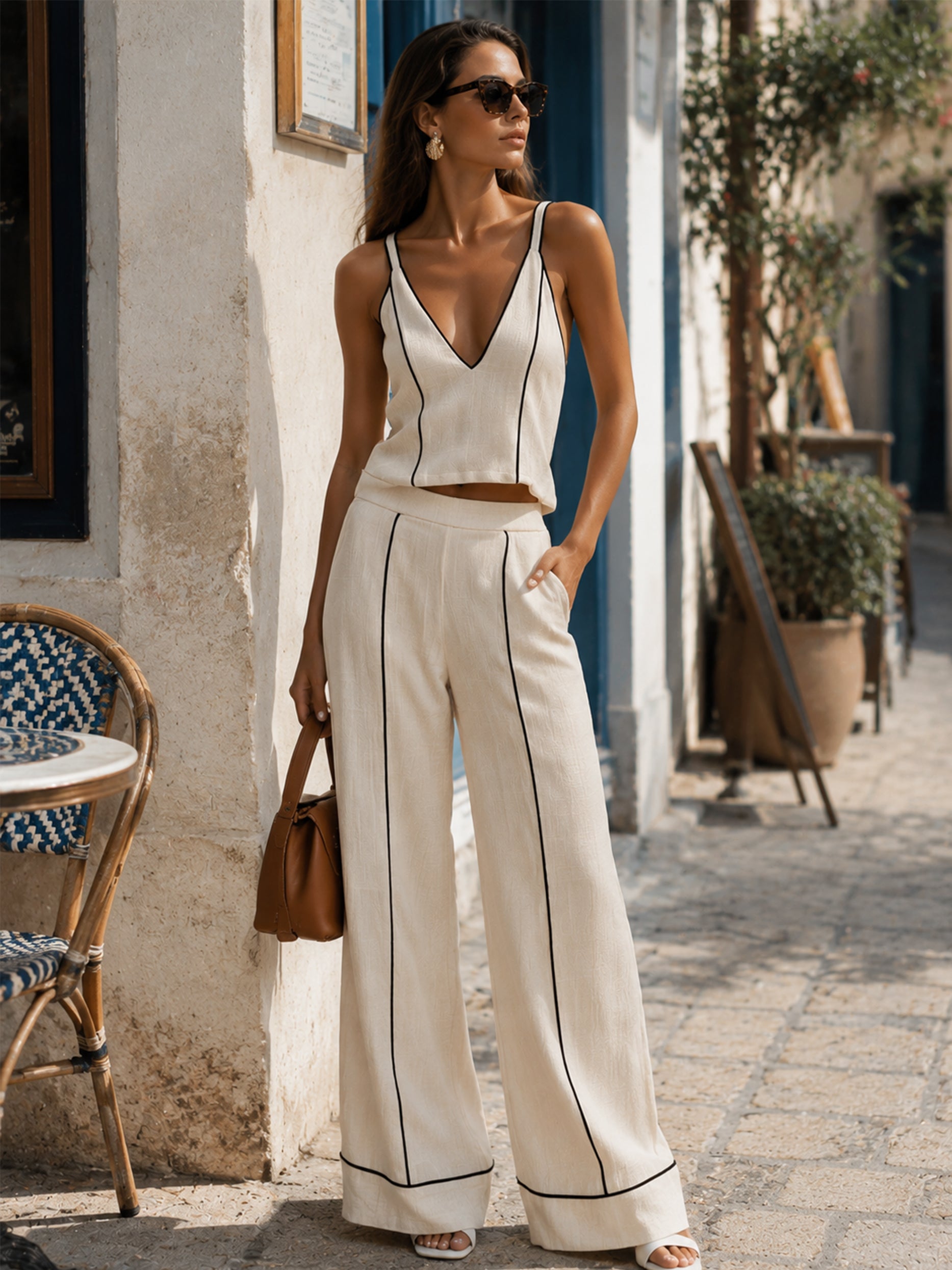 Contrast Piping V-Neck Cami Top & Wide Leg Pants Two Piece Set