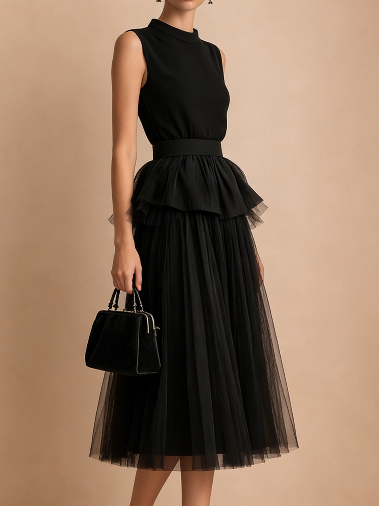 Liserie Black Peplum Top & Tulle Midi Skirt Set