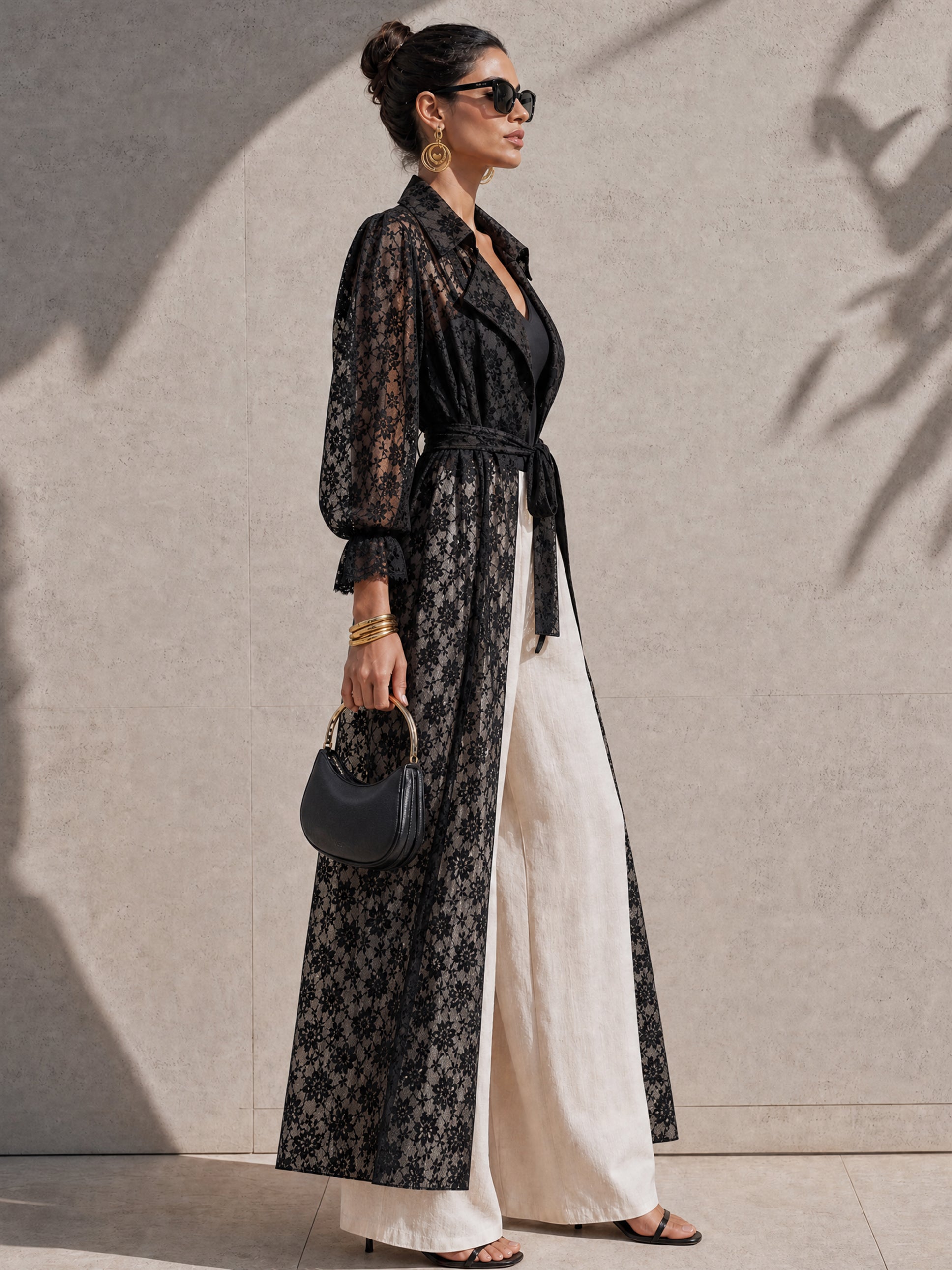 Black Floral Lace Balloon Sleeve Long Trench Coat