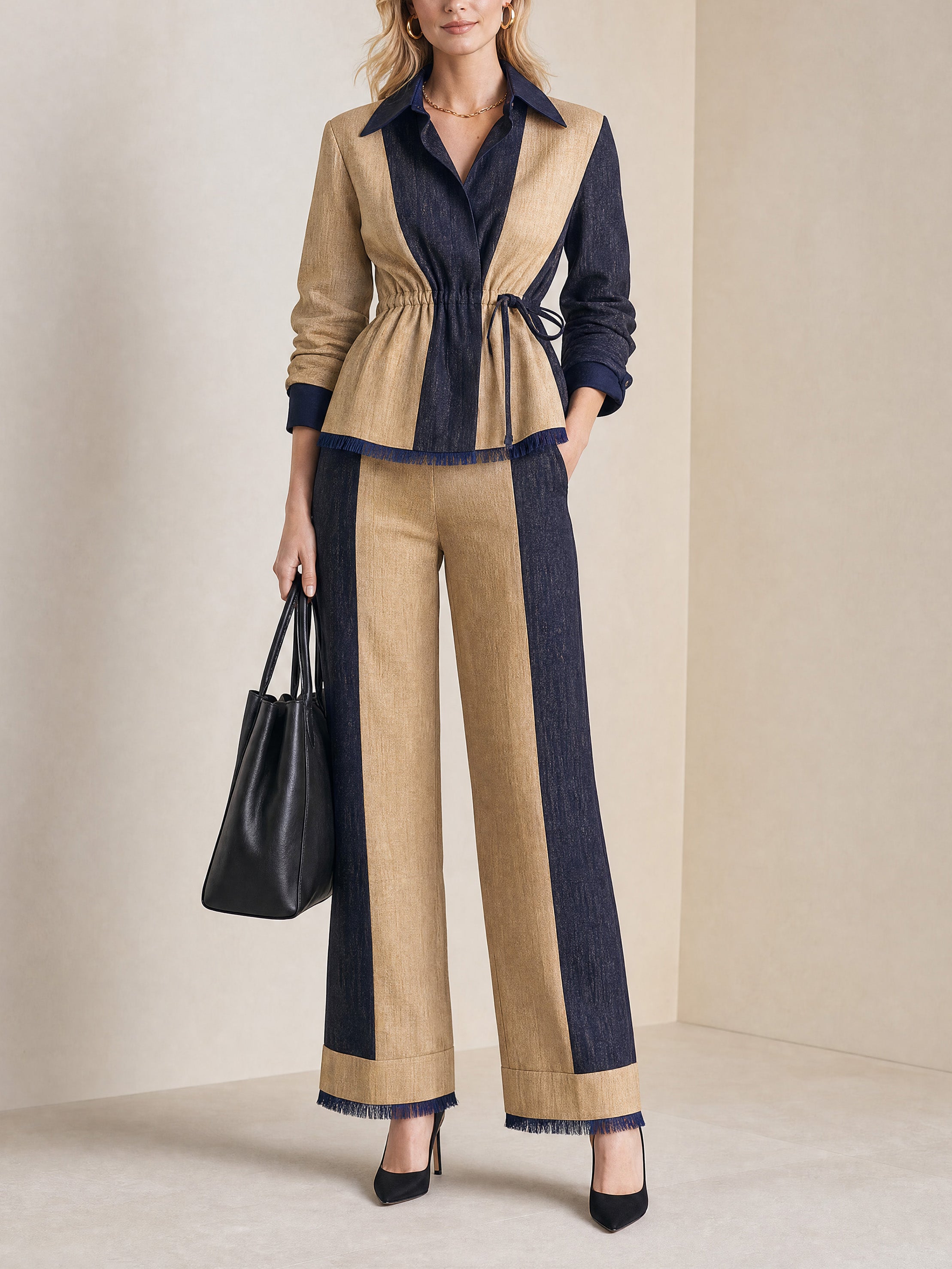 French Relaxed Khaki Navy Vertical Panel Shirt & Wide-Leg Two-Piece Set