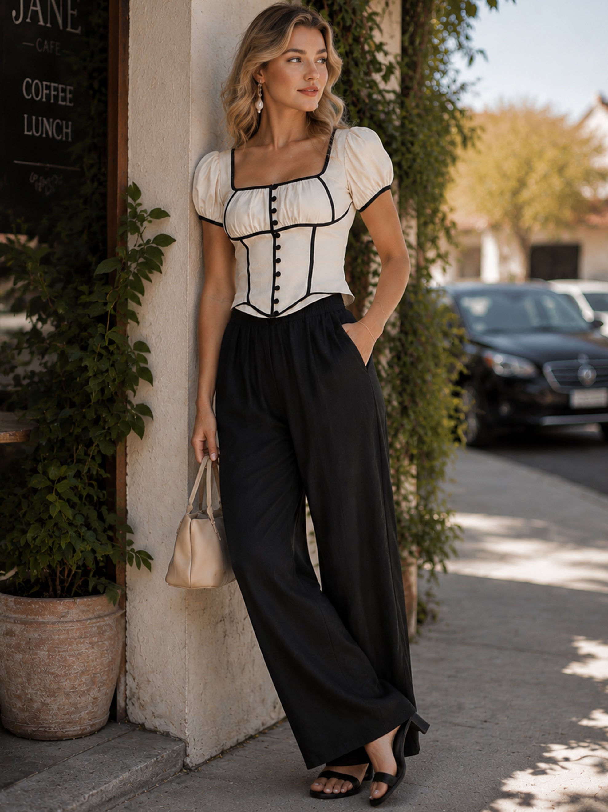 Elegant  Matching Suit :Contrast Trim Top & High Rise Wide Leg Pants