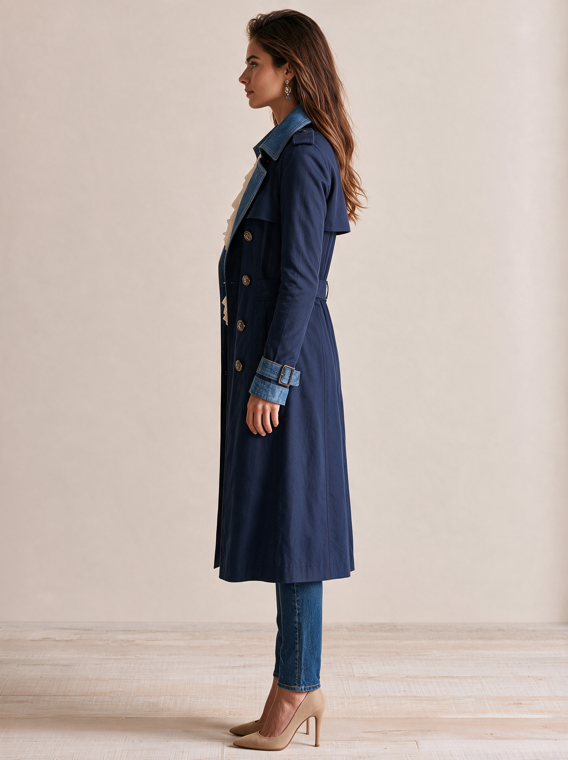 Navy Contrast Denim Lapel Double-Breasted Trench Coat
