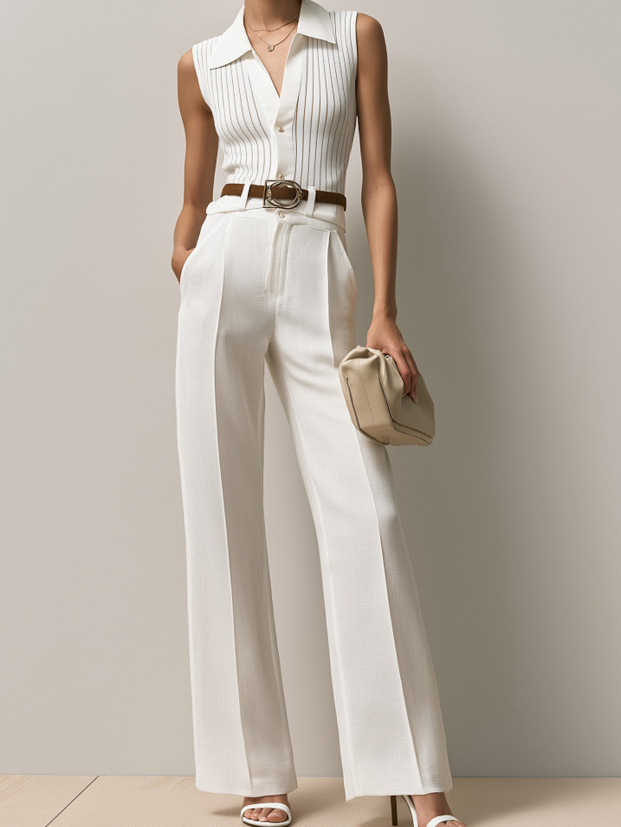 Elegant Ribbed Sleeveless Top & White Straight-leg Wide-leg Trousers.