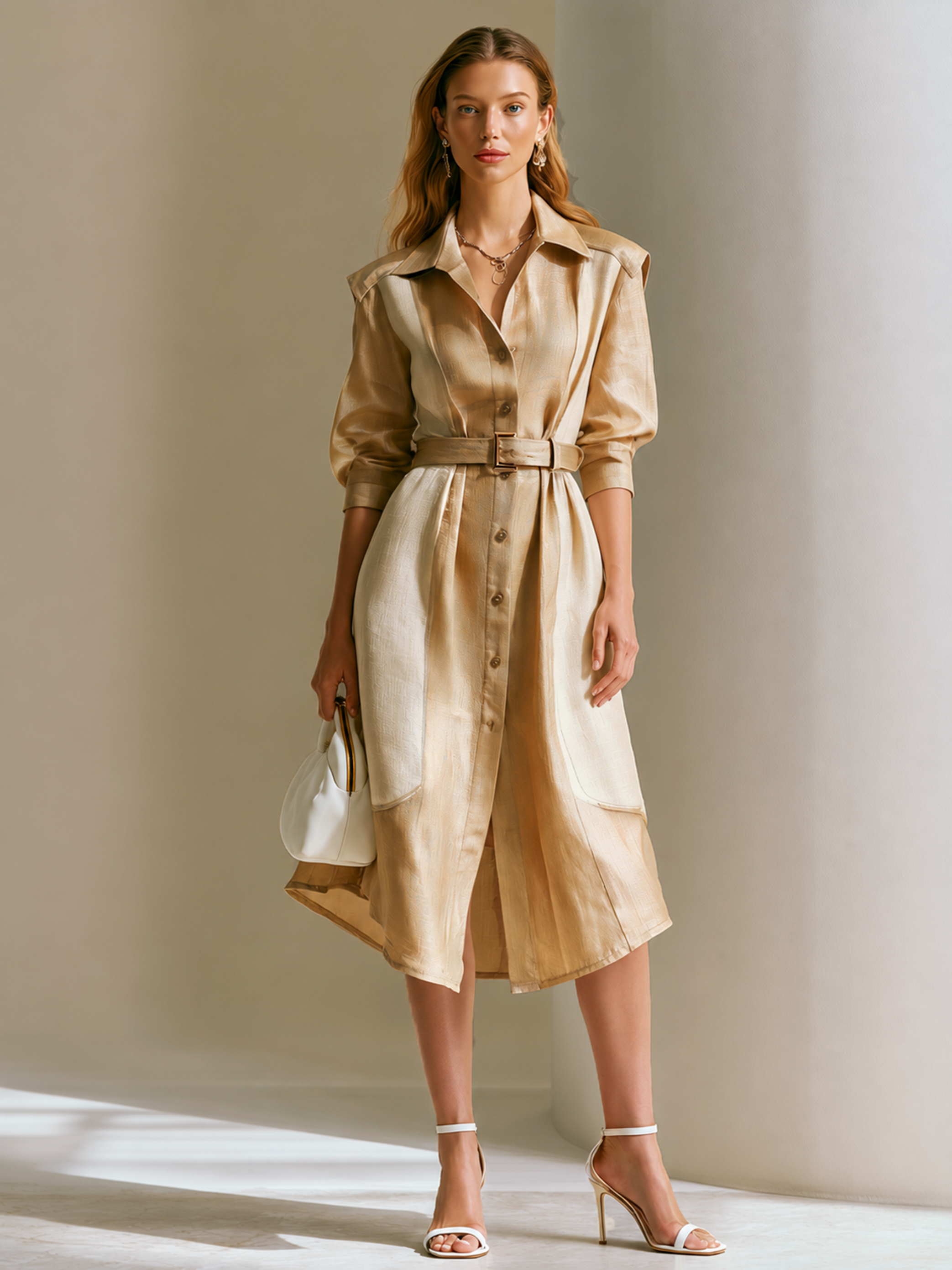Elegant Khaki Linen Blend Contrast Shirt Dress
