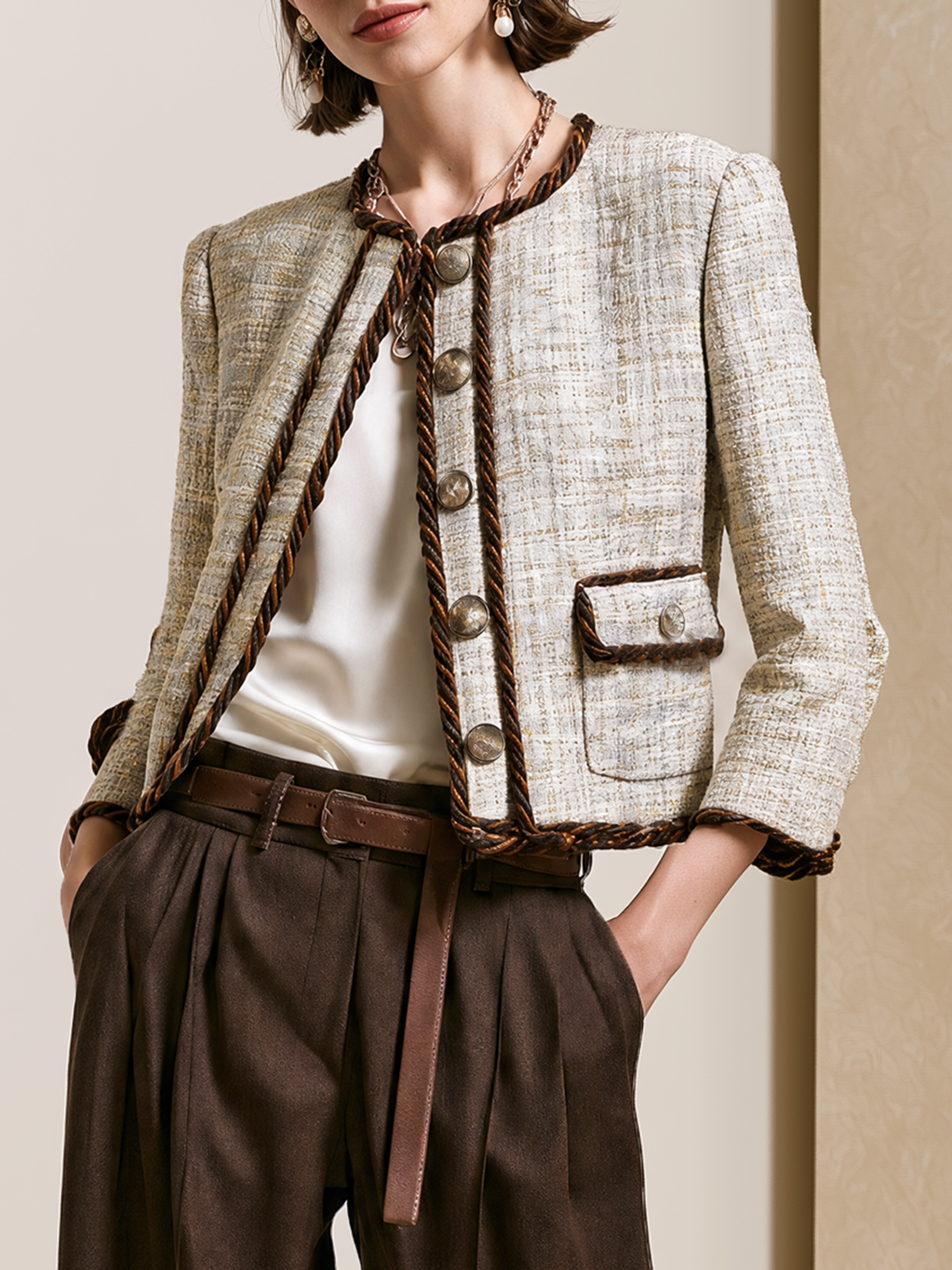 Elegant Ivory & Brown Trim Tweed Cropped Jacket