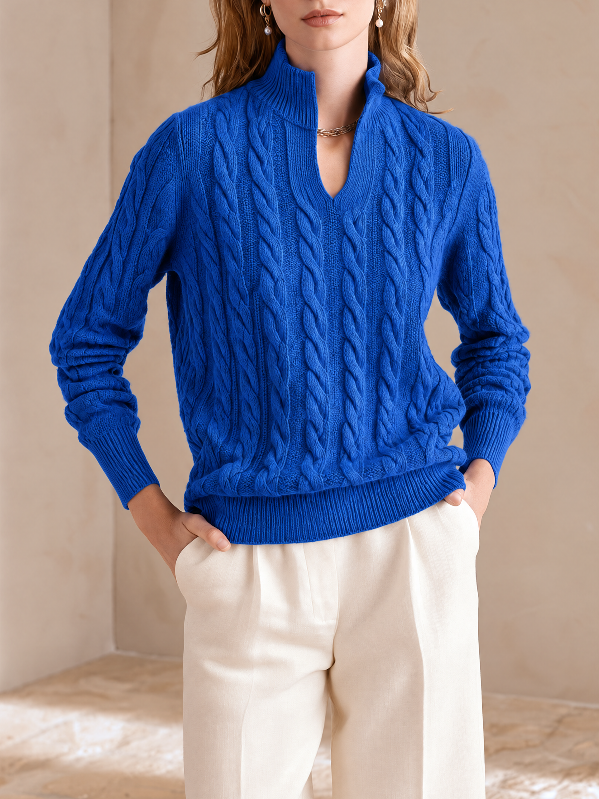 Elegant Jewel Blue Cable-Knit Sweater with Split V-Neck