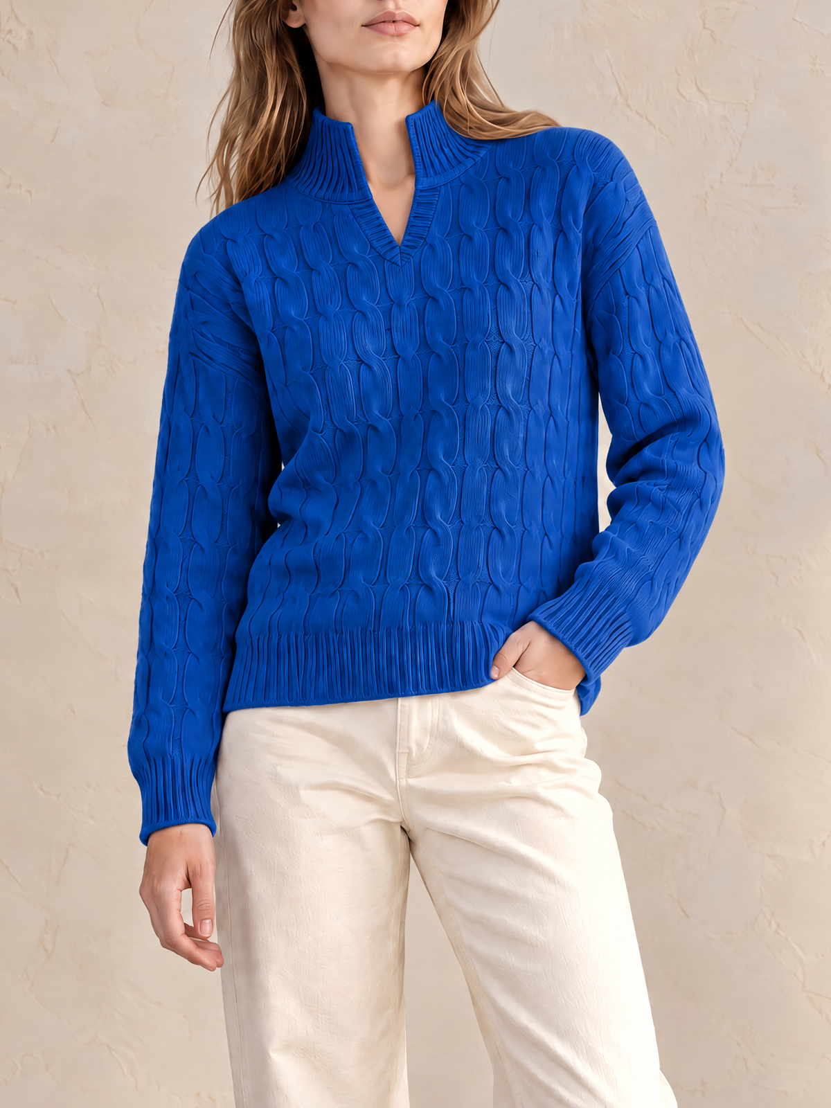 Elegant Jewel Blue Cable-Knit Crewneck Sweater