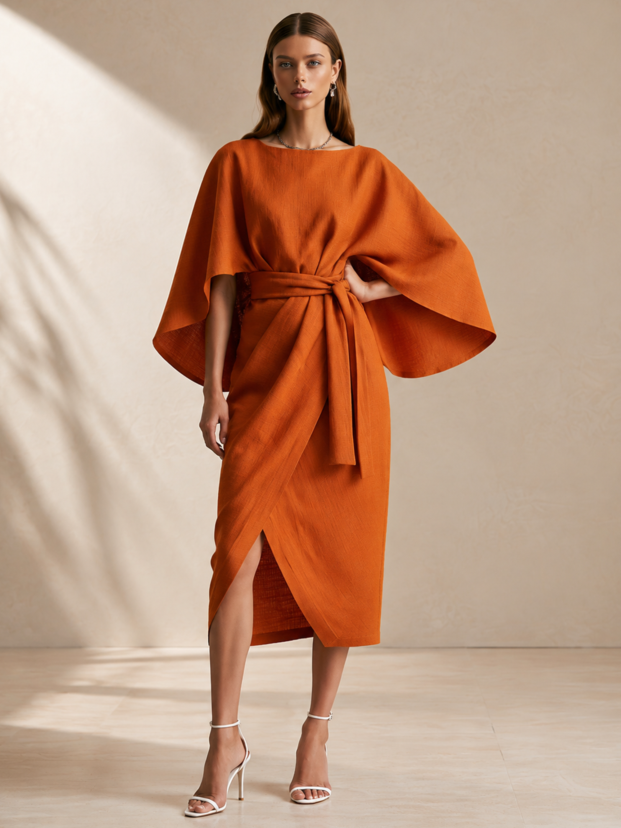 Elegant Orange Linen Blend Cape Sleeve Wrap Midi Dress
