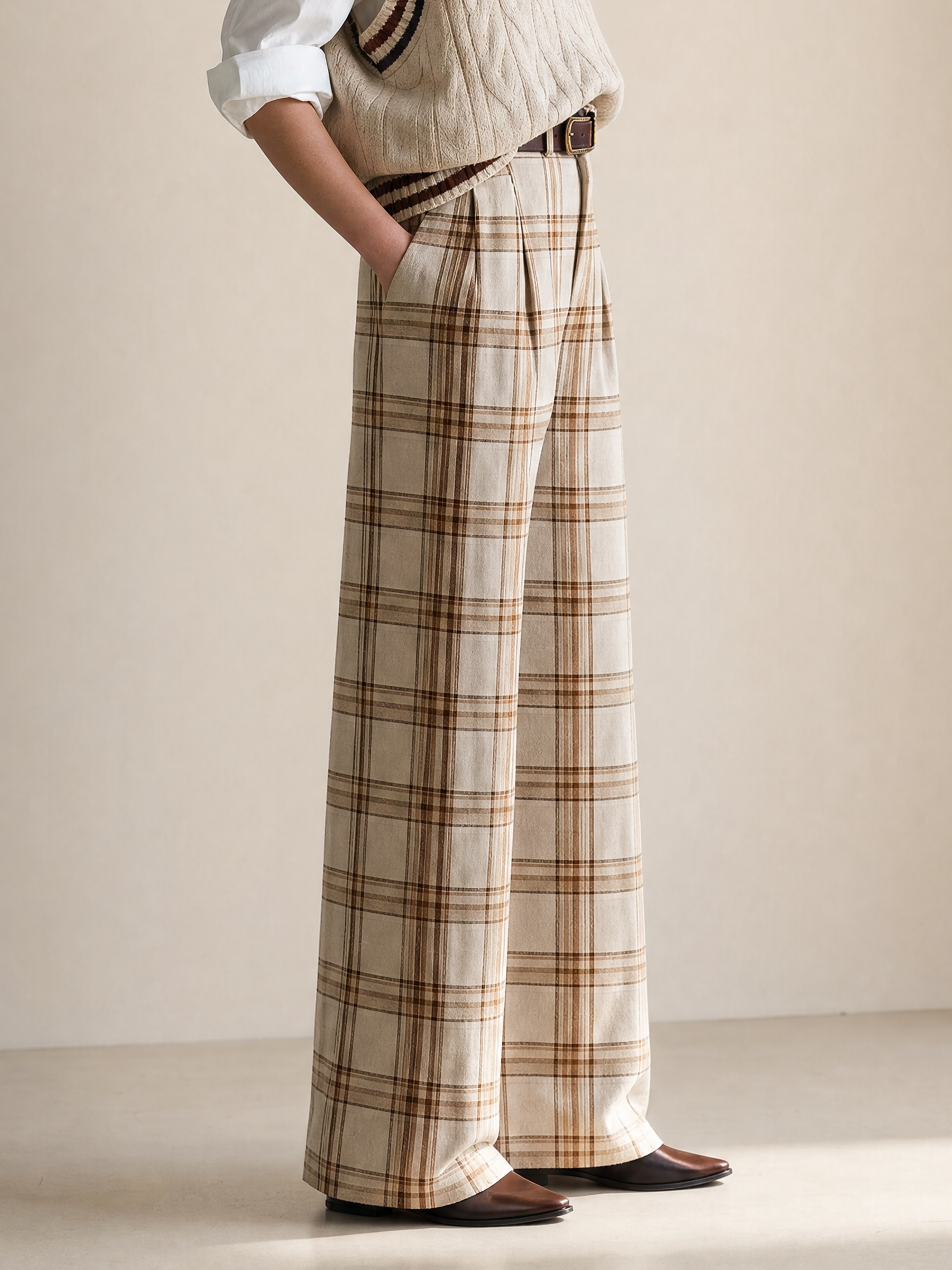Elegant Beige & Coffee Brown Plaid High-Waisted Wide-Leg Trousers