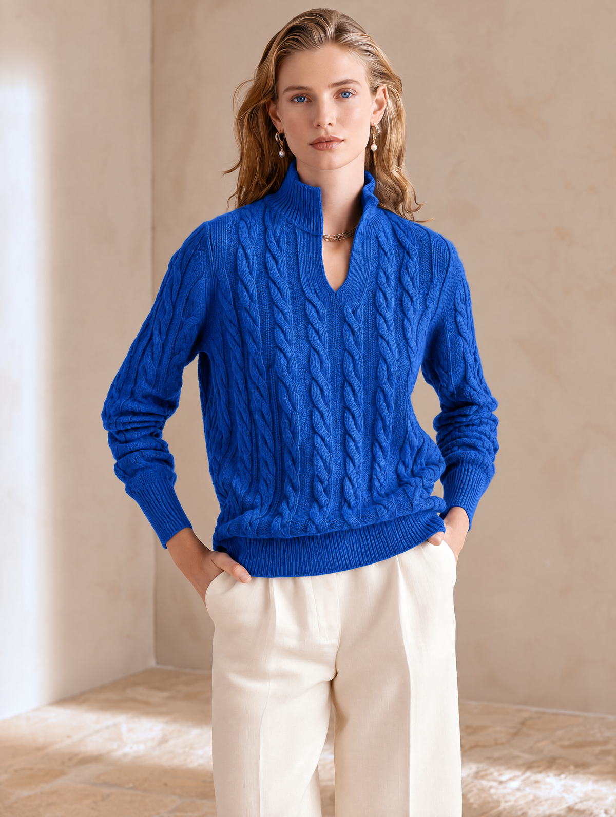 Elegant Jewel Blue Cable-Knit Sweater with Split V-Neck