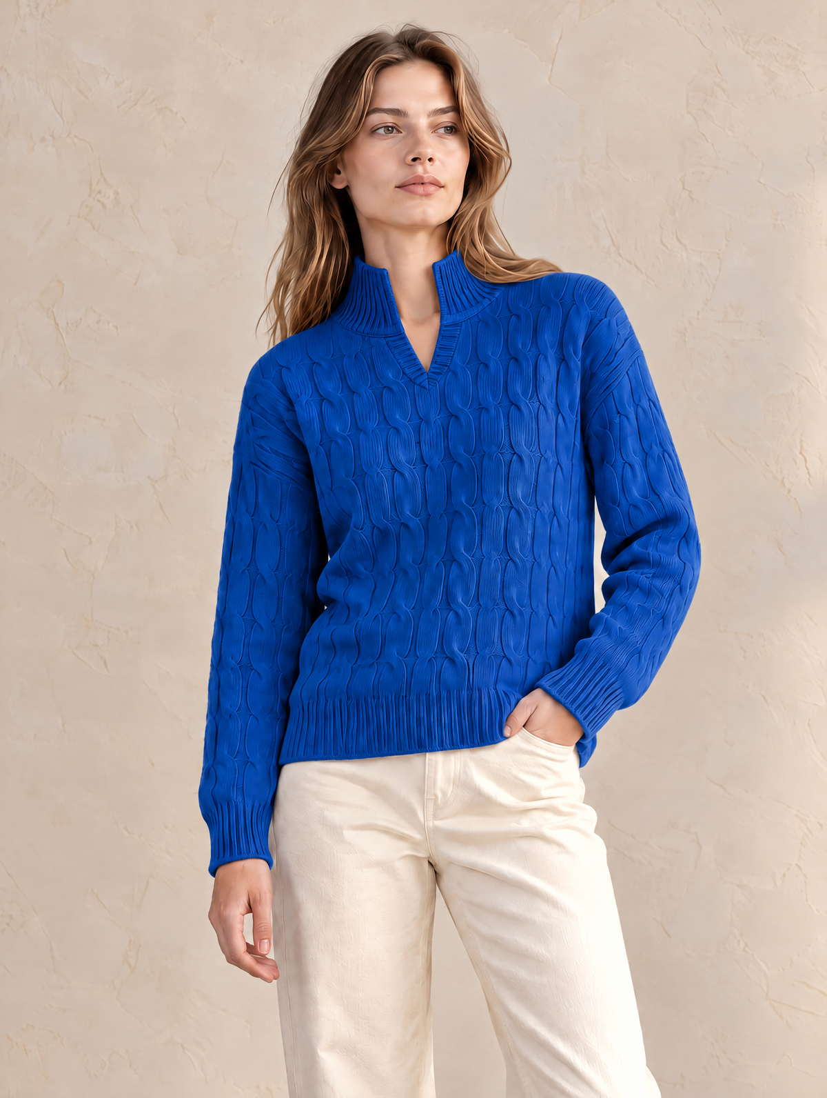 Elegant Jewel Blue Cable-Knit Crewneck Sweater