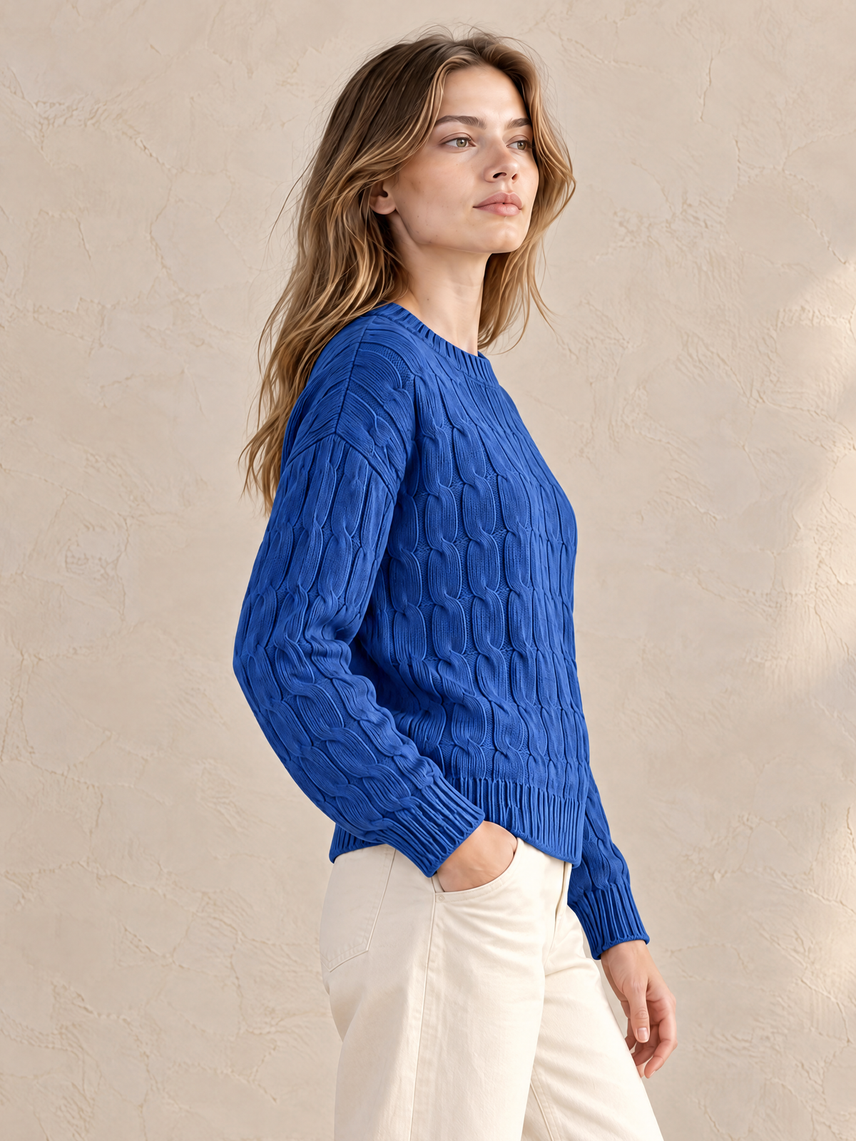 Elegant Jewel Blue Cable-Knit Crewneck Sweater