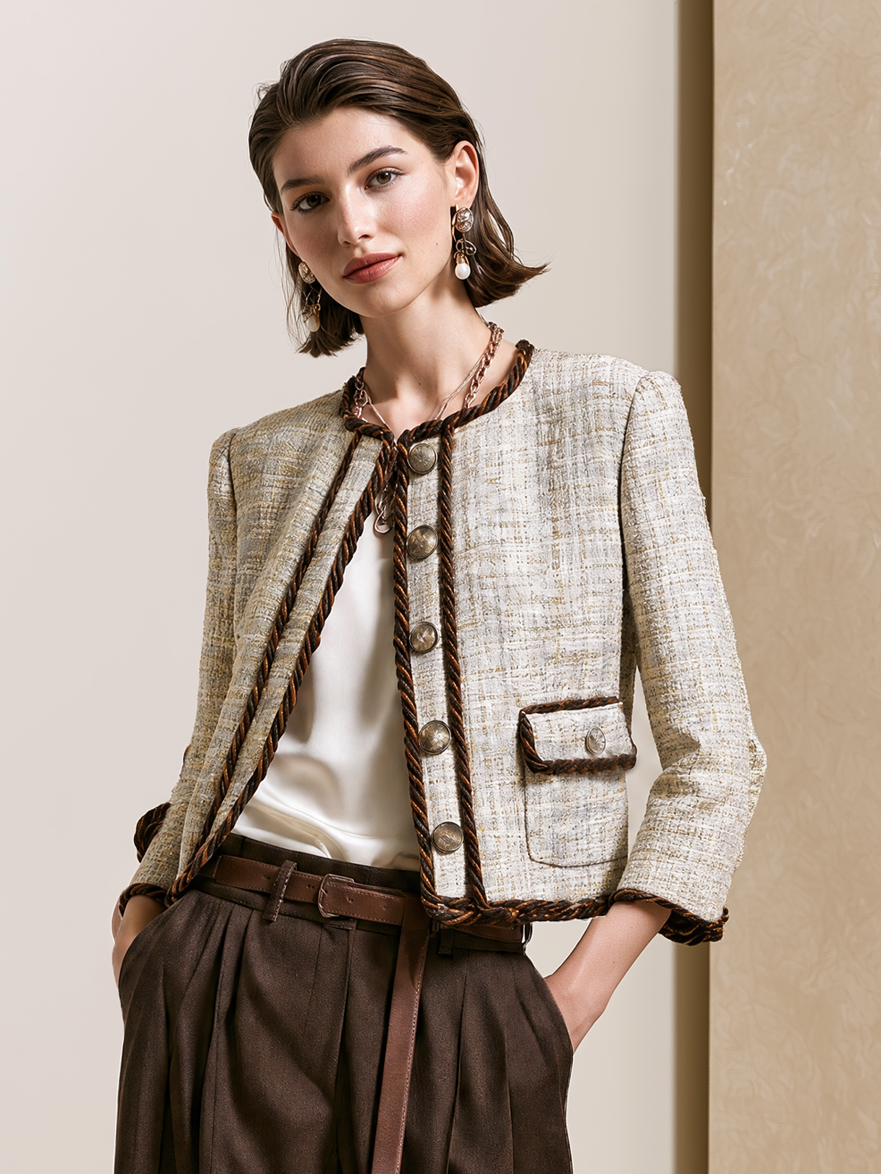 Elegant Ivory & Brown Trim Tweed Cropped Jacket