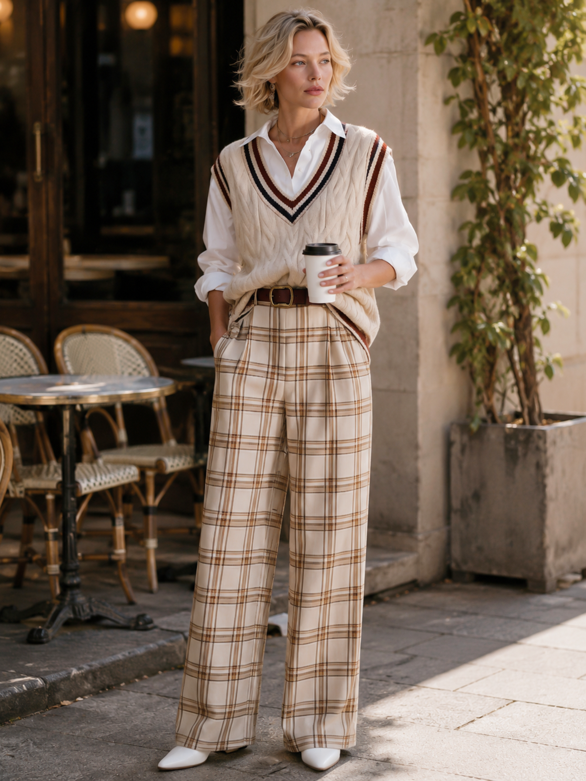 Elegant Beige & Coffee Brown Plaid High-Waisted Wide-Leg Trousers