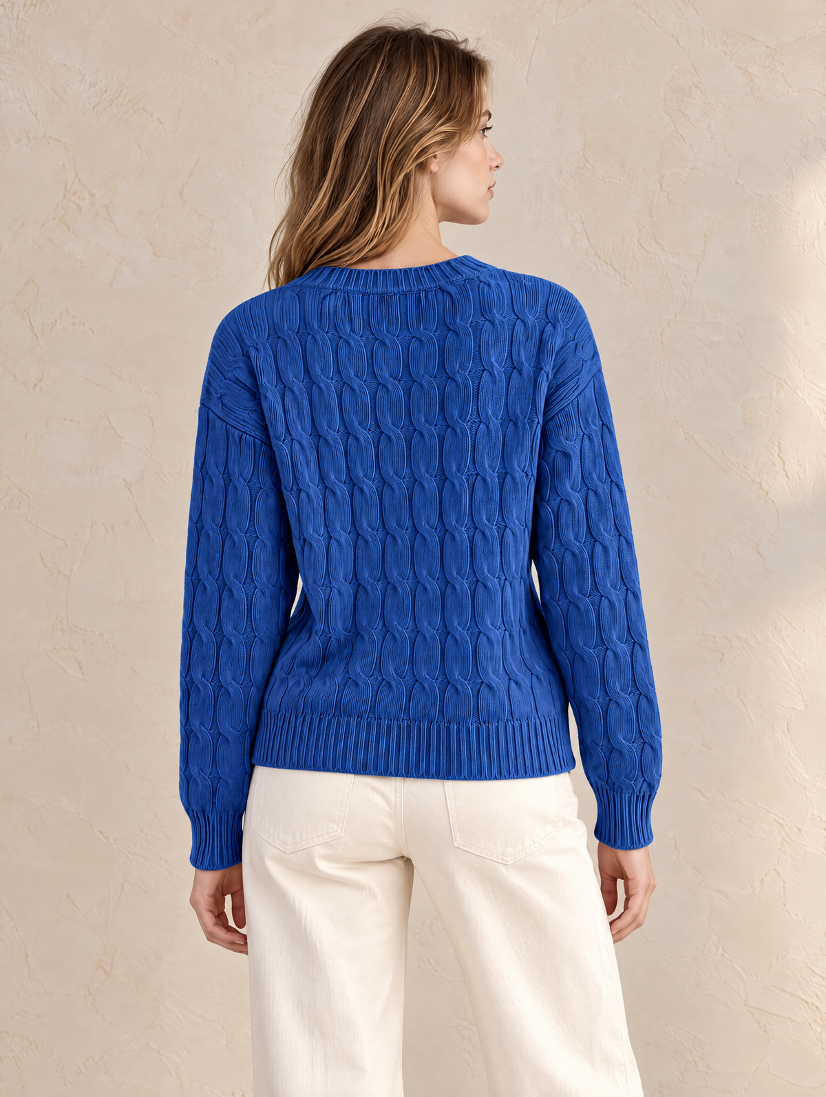Elegant Jewel Blue Cable-Knit Crewneck Sweater