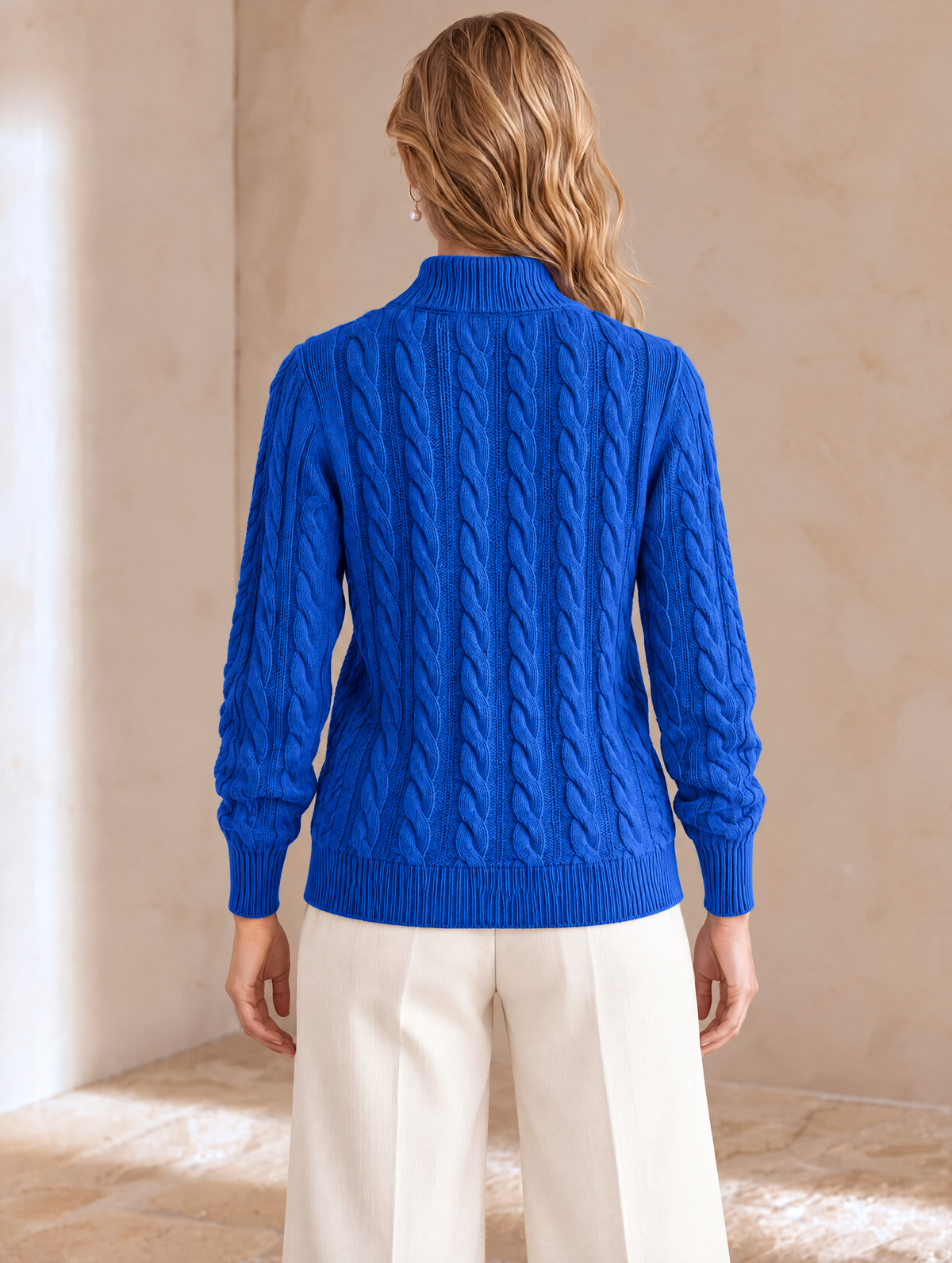 Elegant Jewel Blue Cable-Knit Sweater with Split V-Neck