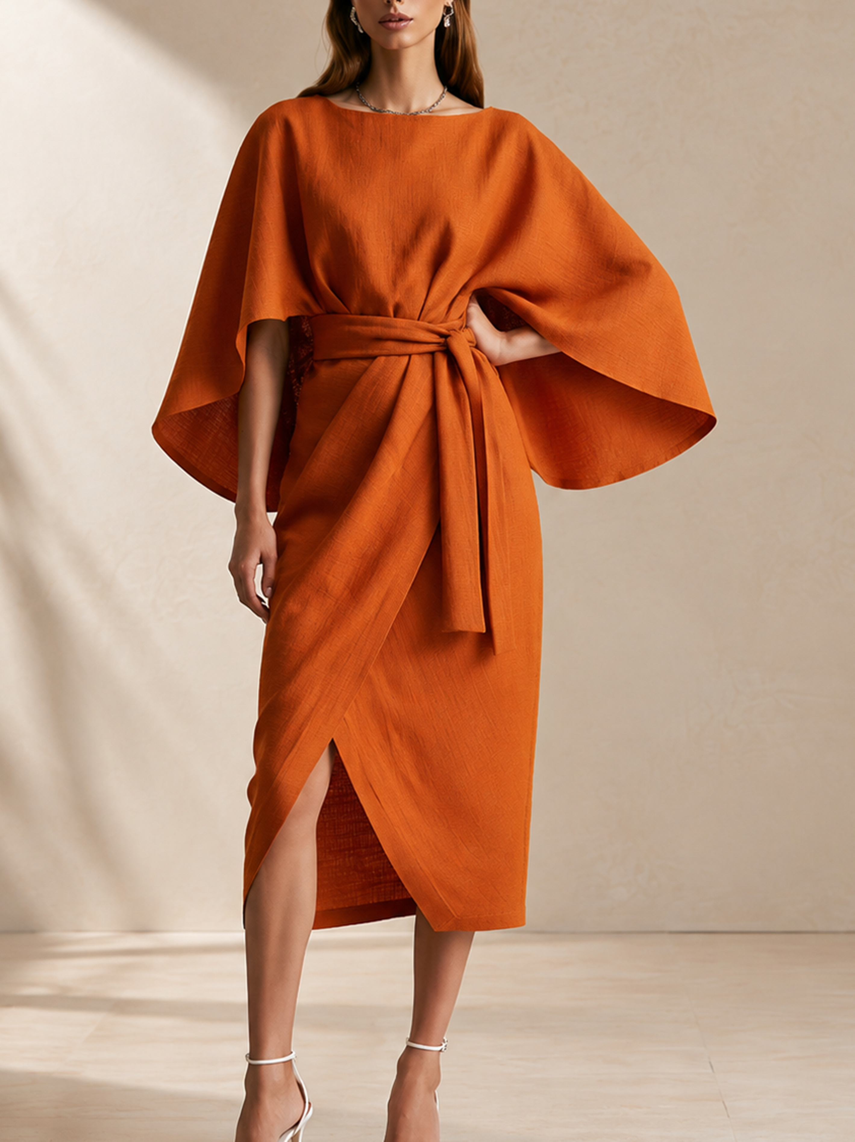 Elegant Orange Linen Blend Cape Sleeve Wrap Midi Dress