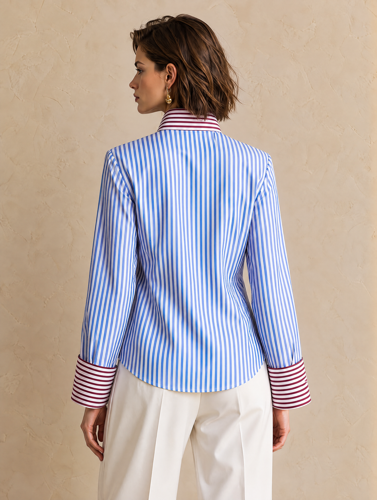 Elegant Blue & Burgundy Contrast Striped V-Neck Shirt