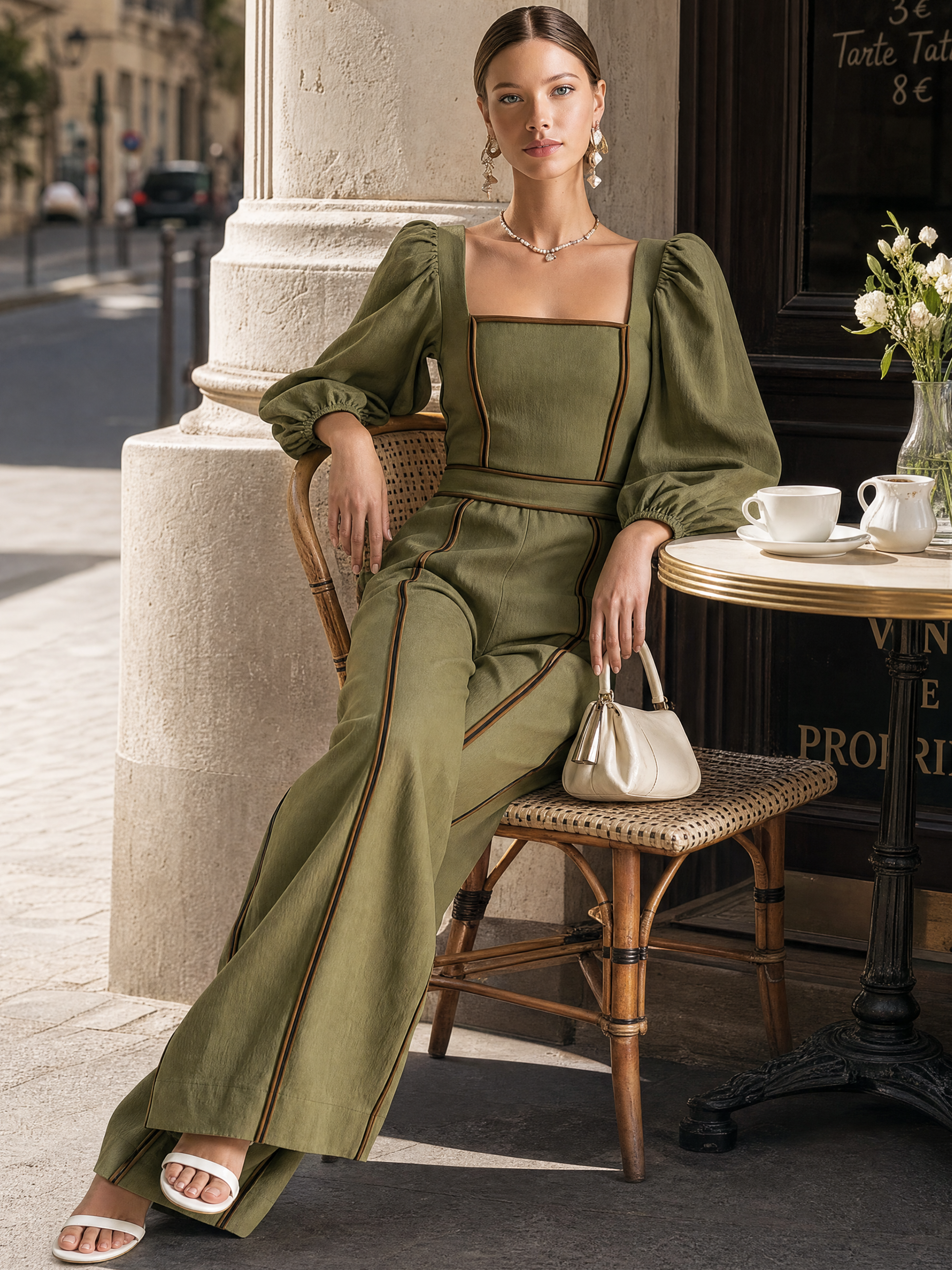 Elegant Olive Green Linen Blend Square Neck Jumpsuit