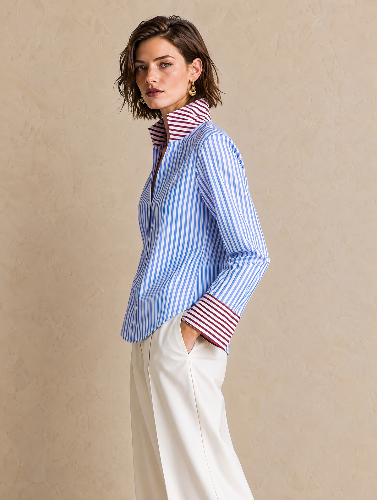 Elegant Blue & Burgundy Contrast Striped V-Neck Shirt