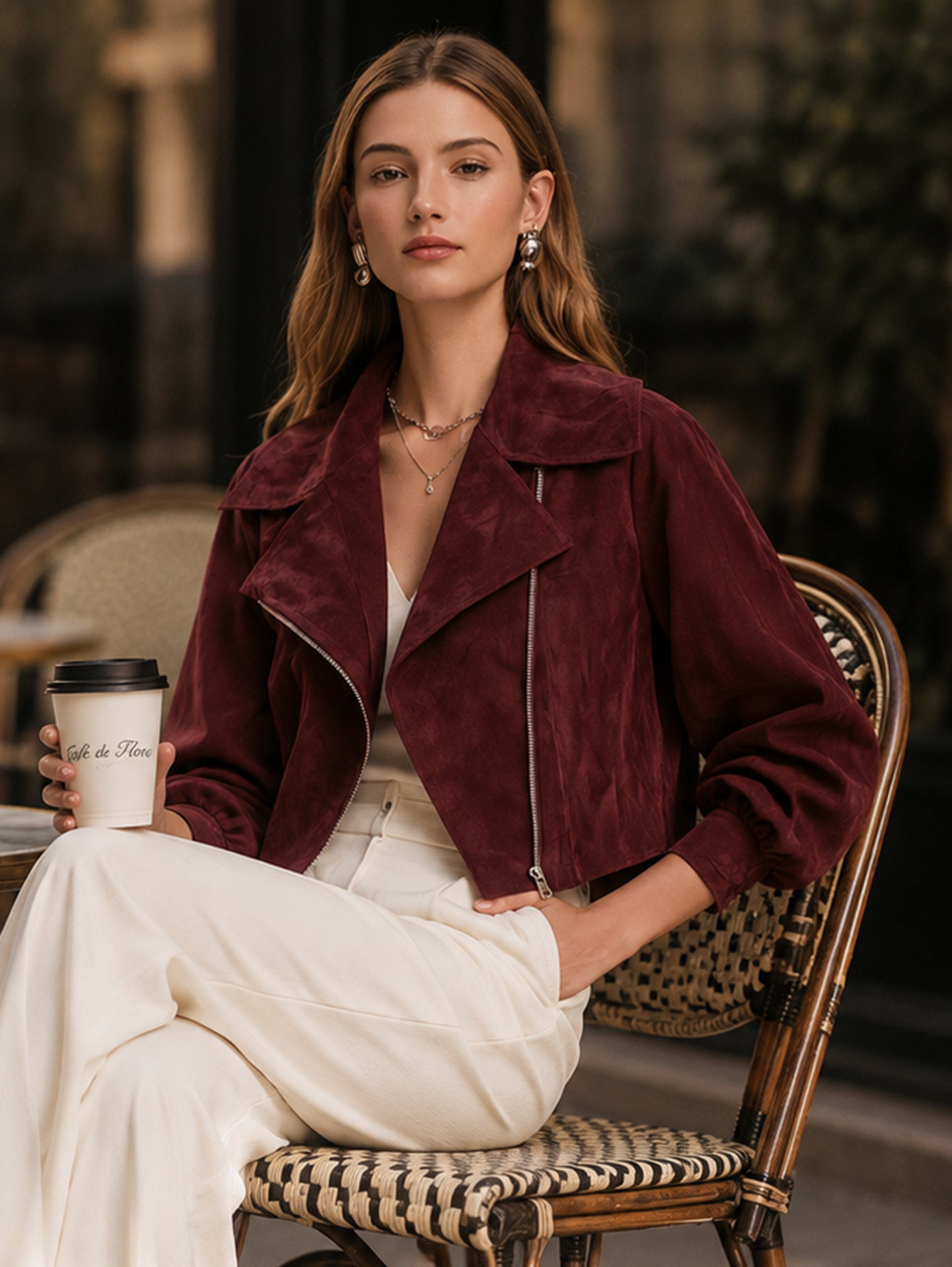 Elegant Burgundy Suede Cropped Moto Jacket
