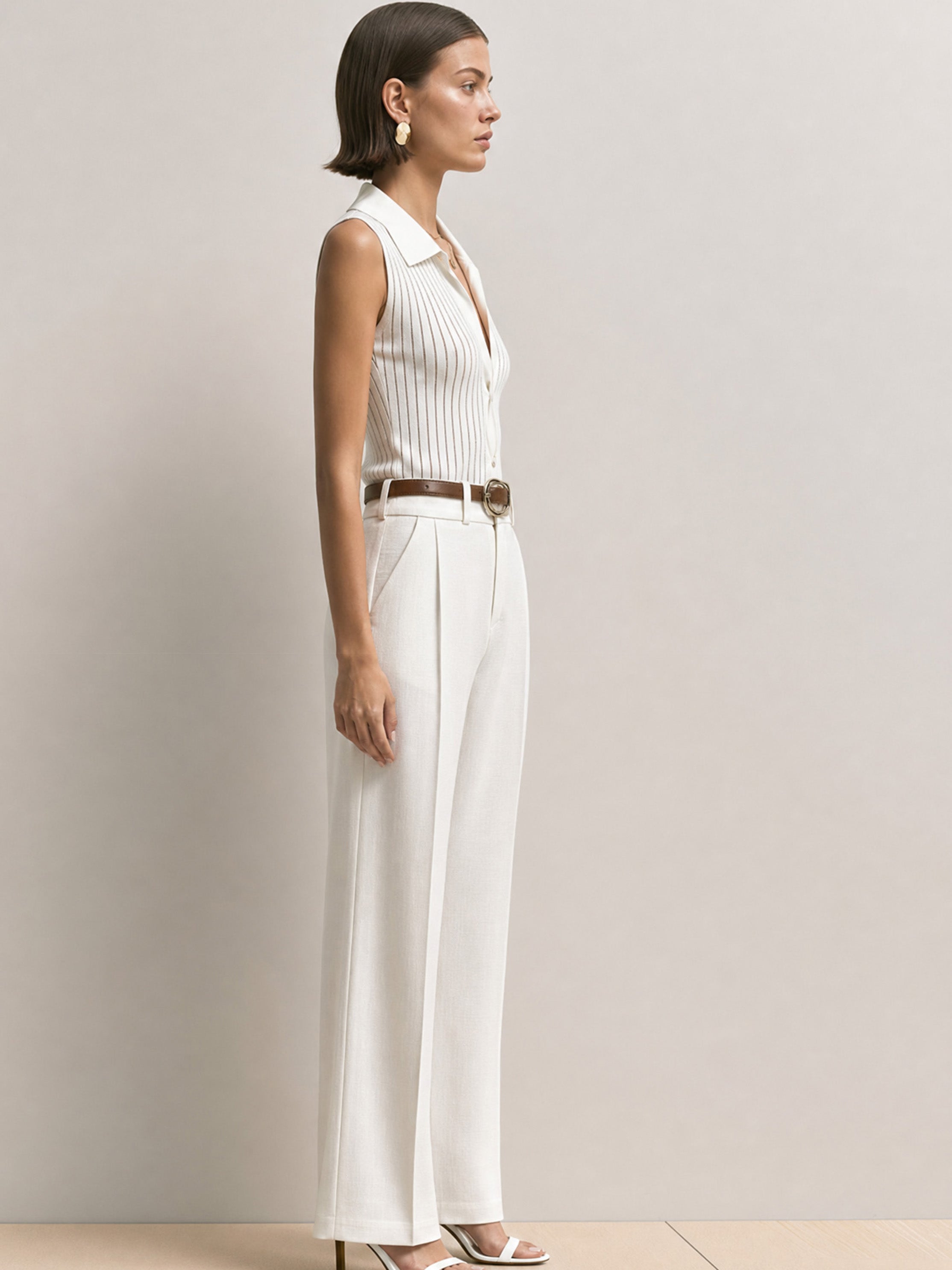 Elegant Ribbed Sleeveless Top & White Straight-leg Wide-leg Trousers.