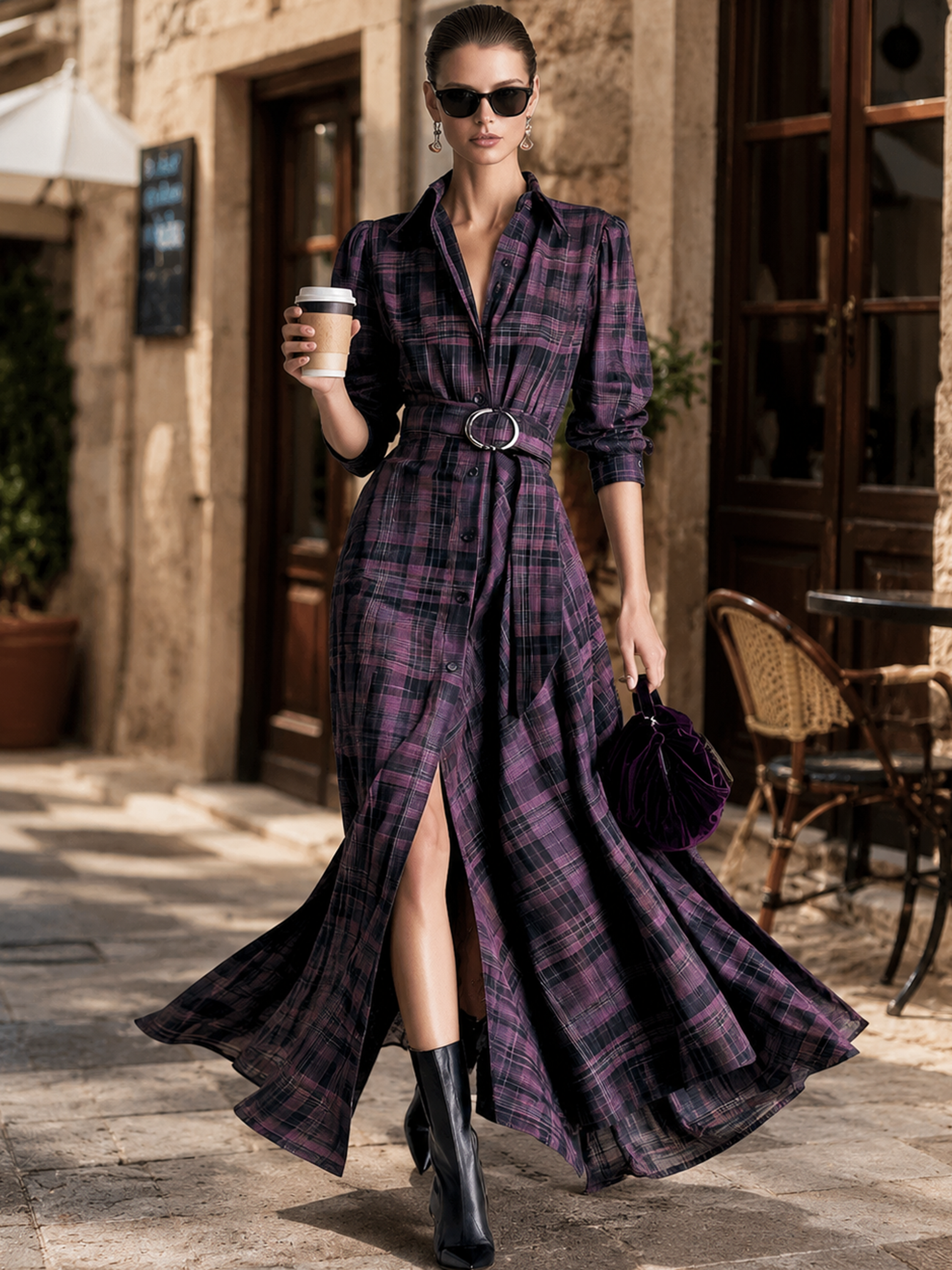 Purple‑Black Plaid Collared Belted Shirt‑Style Maxi Dress