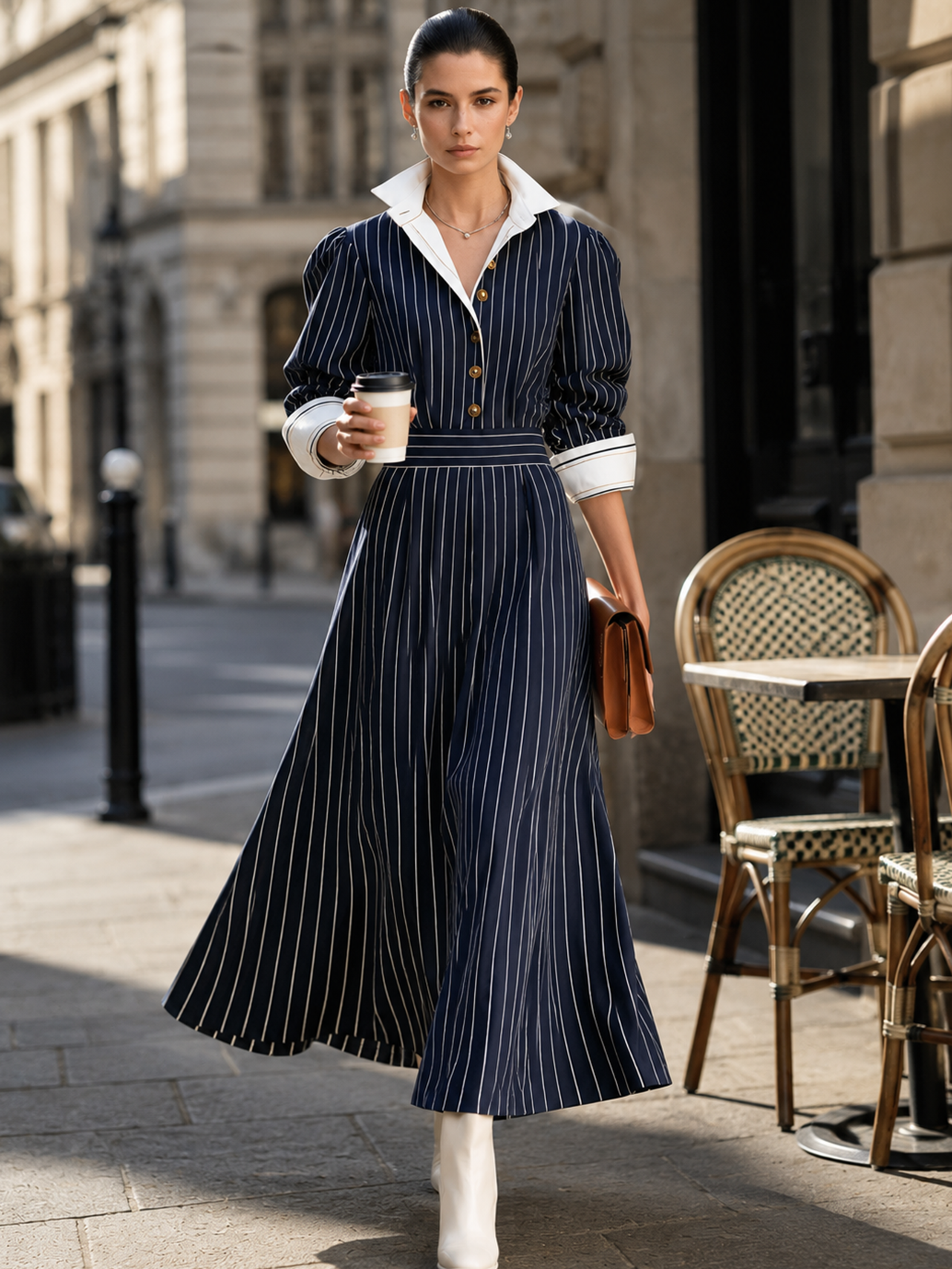 Navy‑White Stripe Collared Shirt‑Style Maxi Dress