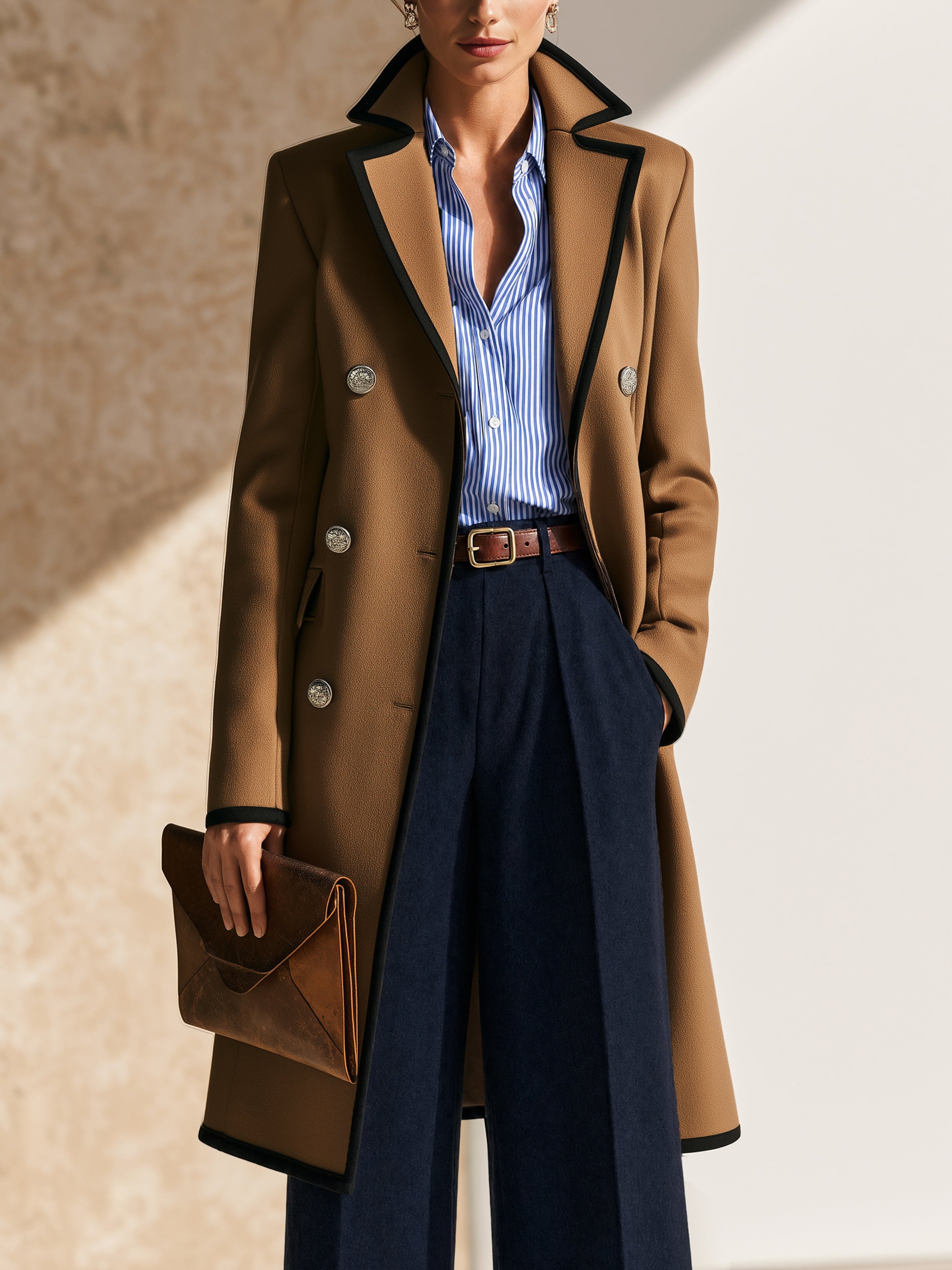 Camel Tailored Black Piping‑Trim Long Coat Outerwear