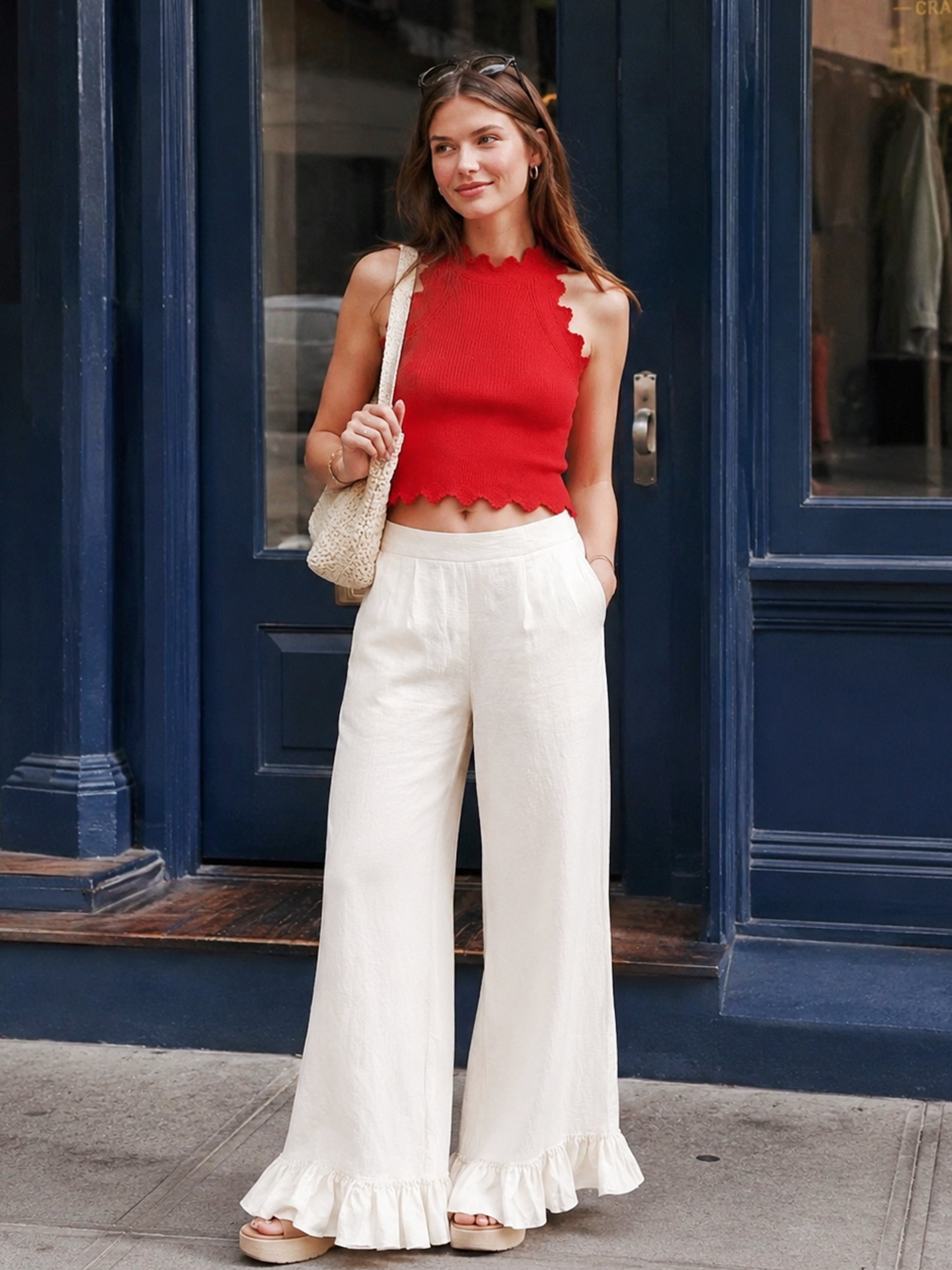 Liserie Red Knit Halter Top & Linen Ruffle Hem Pants Set