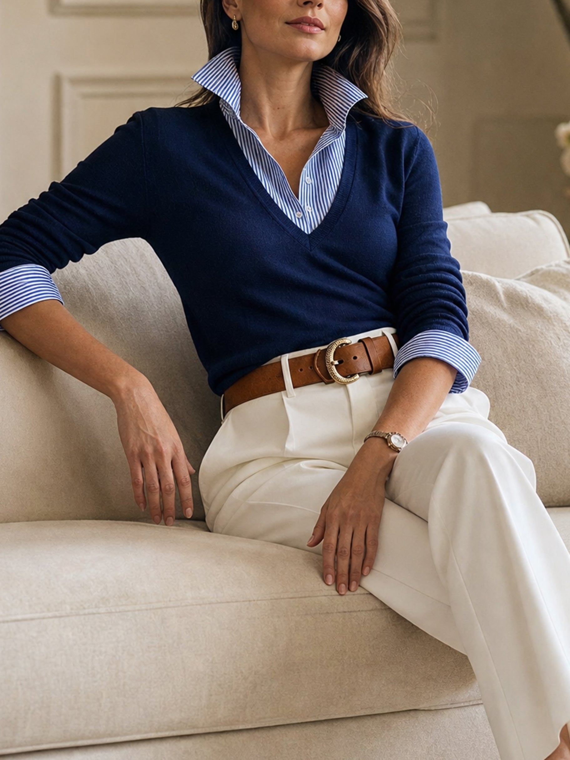 Elegant Smart Faux‑Layer V‑Neck Knit Top Sweater