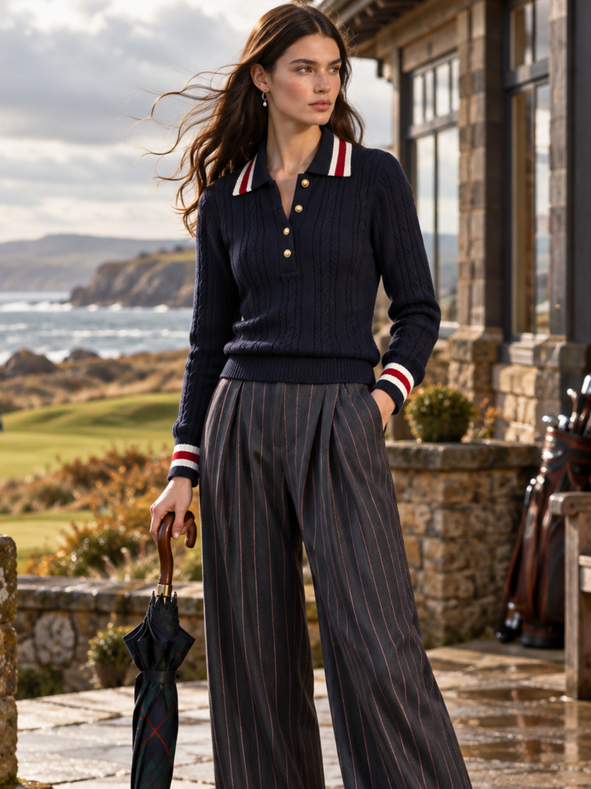 Navy Cable Knit Striped Collar Polo Sweater