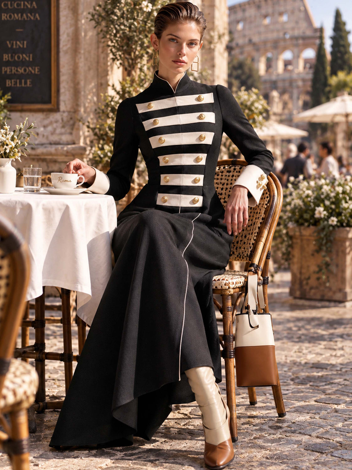 Black White Contrast Slim Long Sleeve Maxi Dress