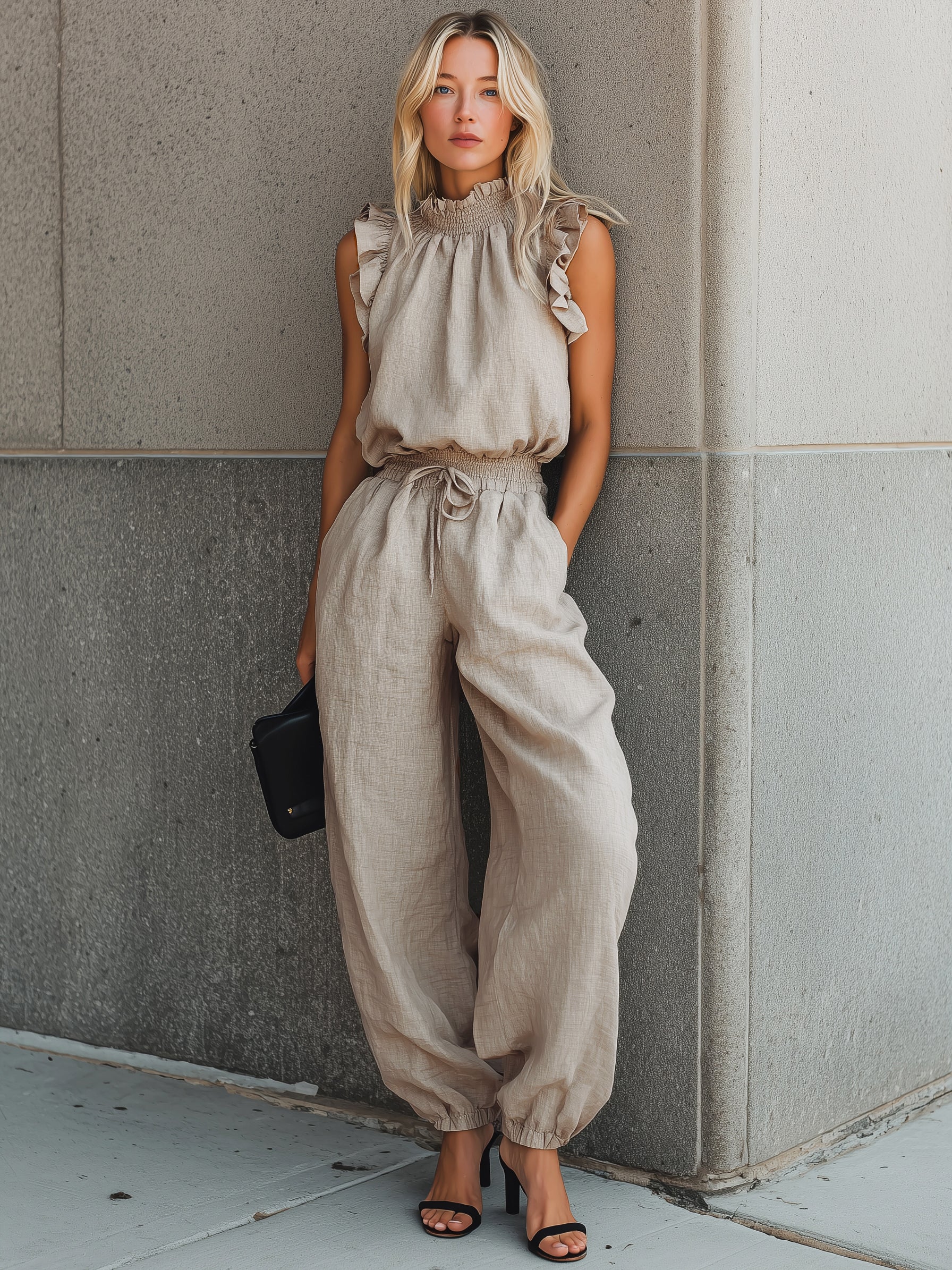 Liserie  Oatmeal Linen Ruffle Neck Top & Drawstring Pants Casual Set
