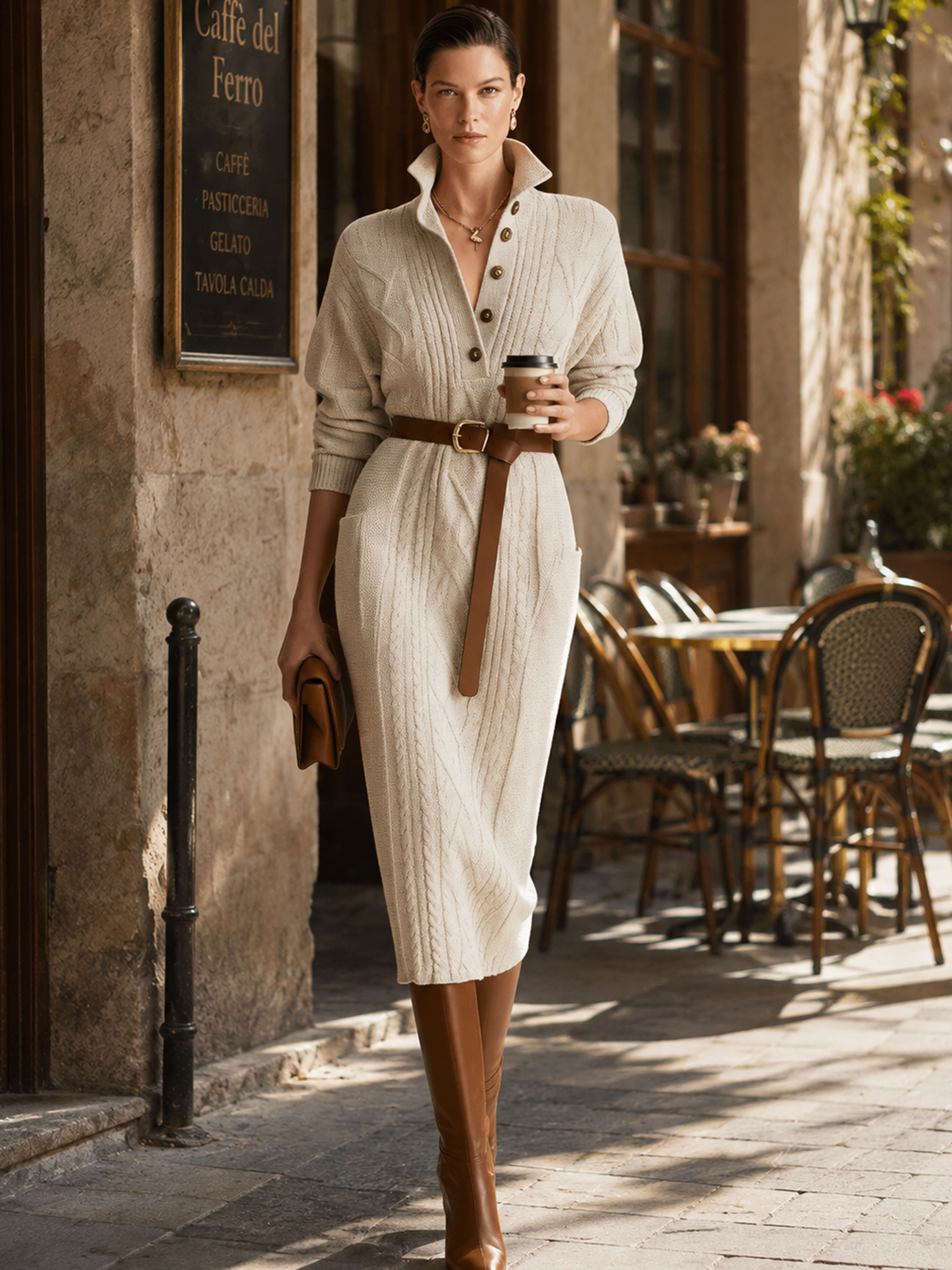Oatmeal Half‑Placket Belted Cable‑Knit Midi Dress