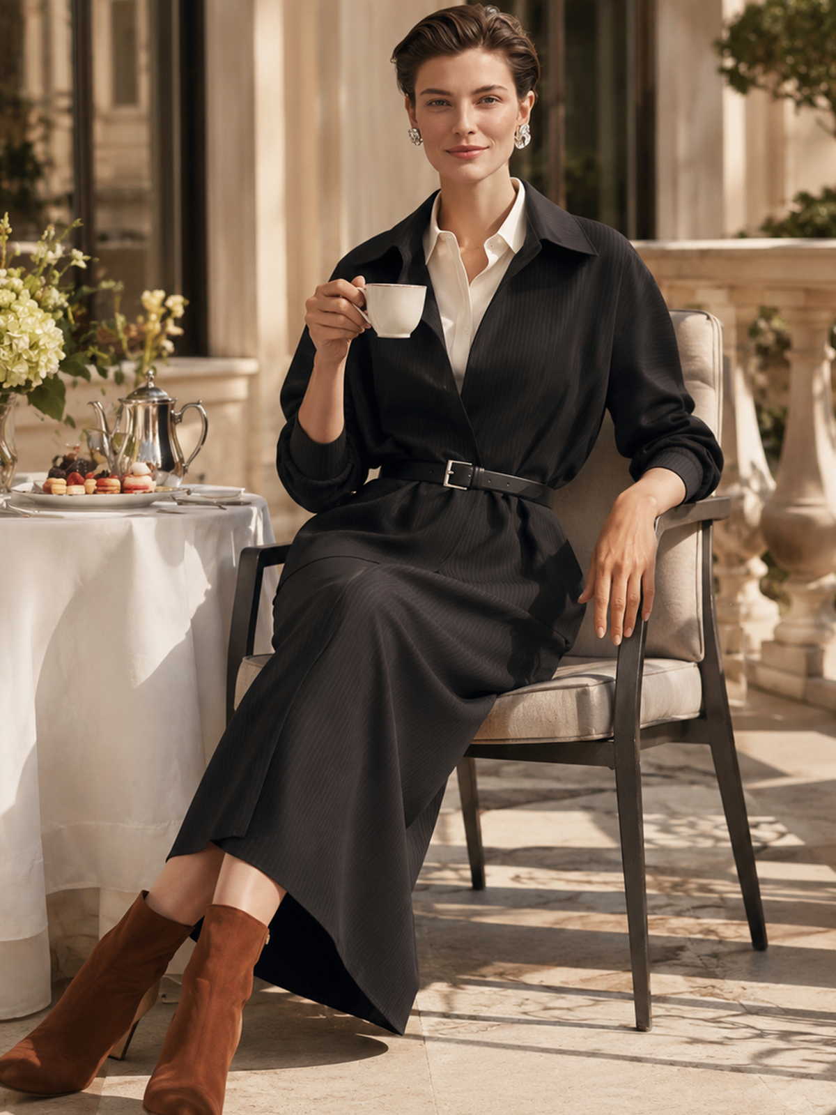 Black Pinstripe Belted Jacket Wrap Midi Skirt Two‑Piece Set