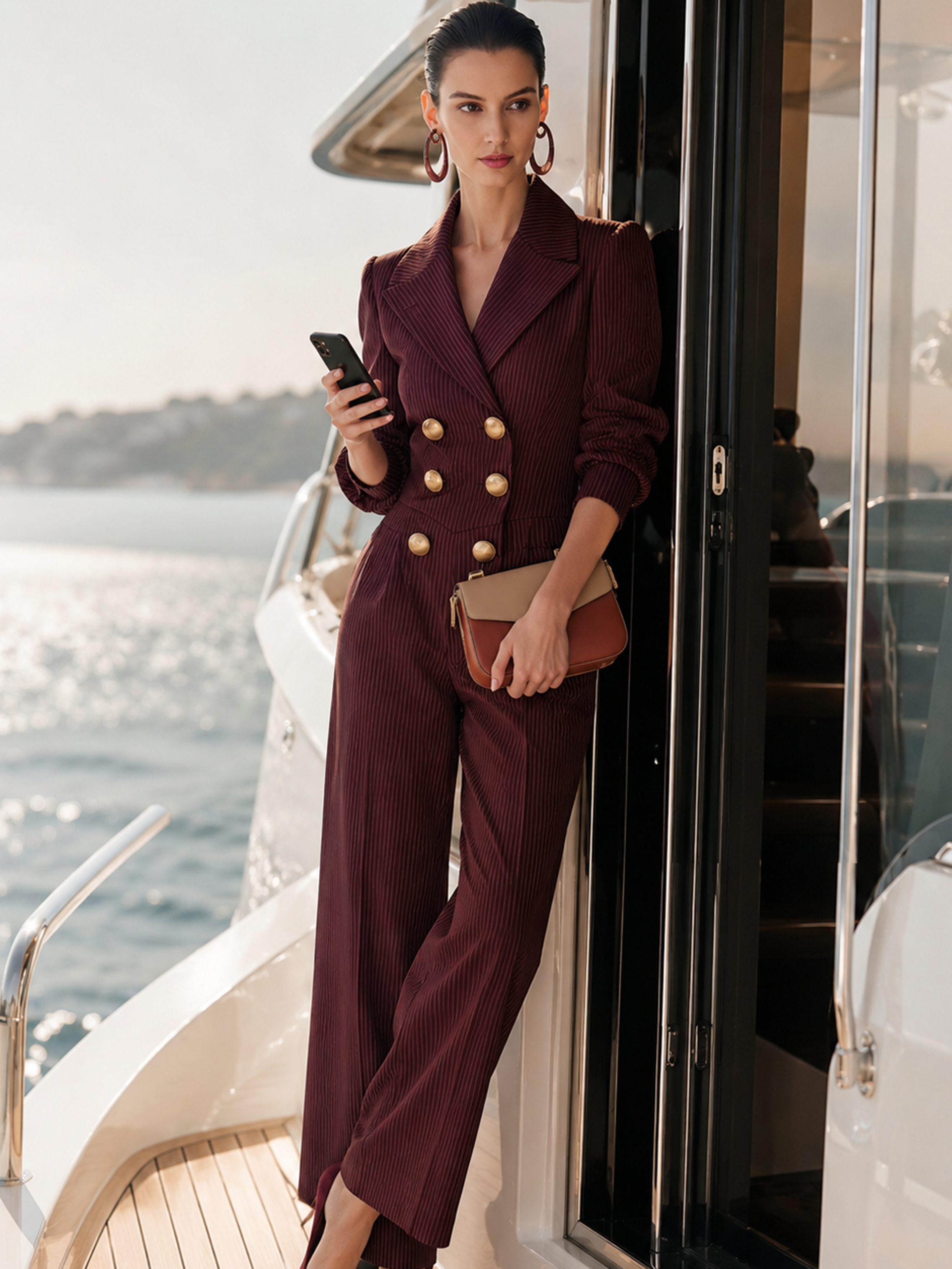 Burgundy Pinstripe Lapel Double‑Breasted Jumpsuit