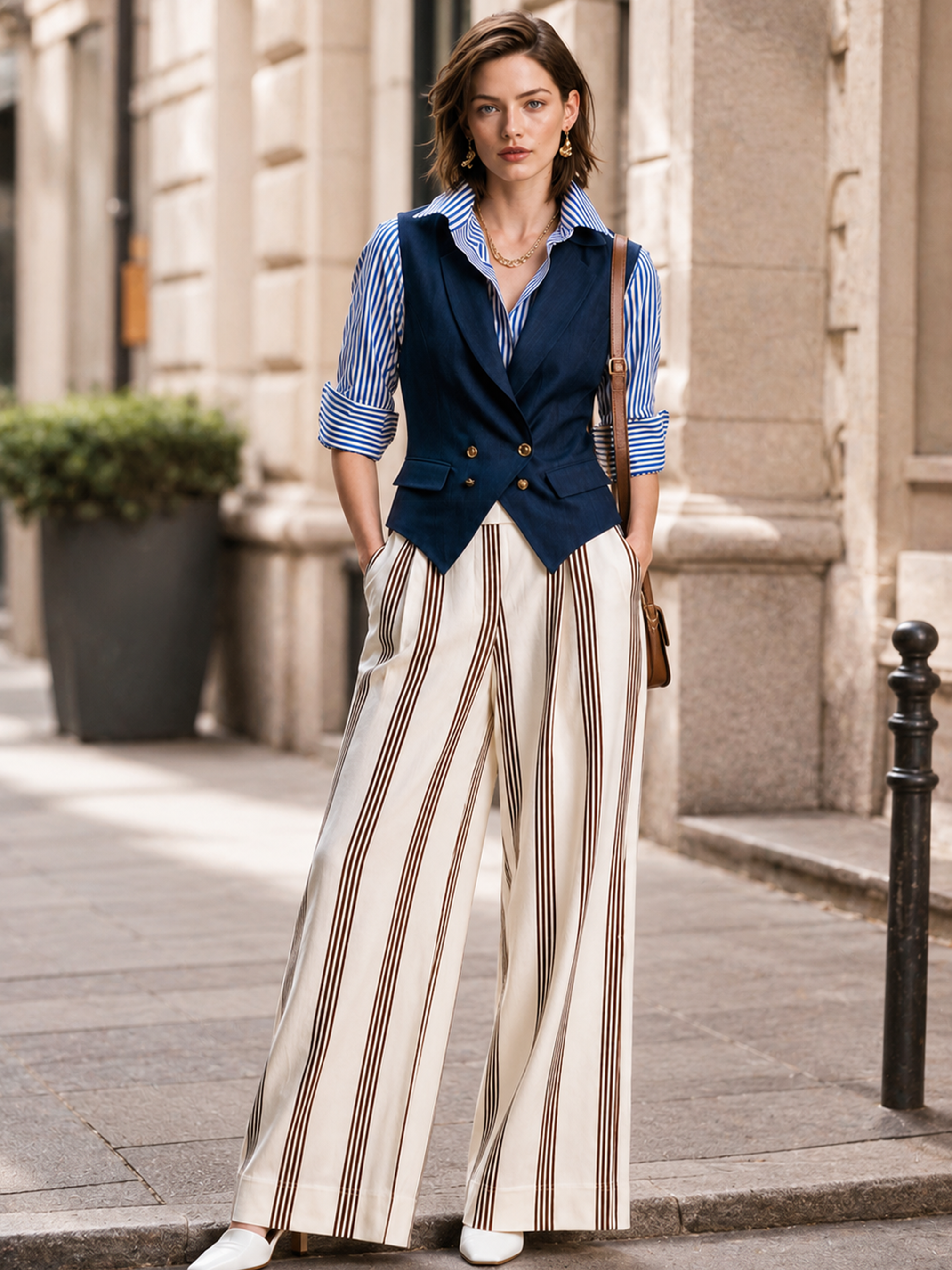 Elegant Ivory & Dark Brown Striped Wide-Leg Pants
