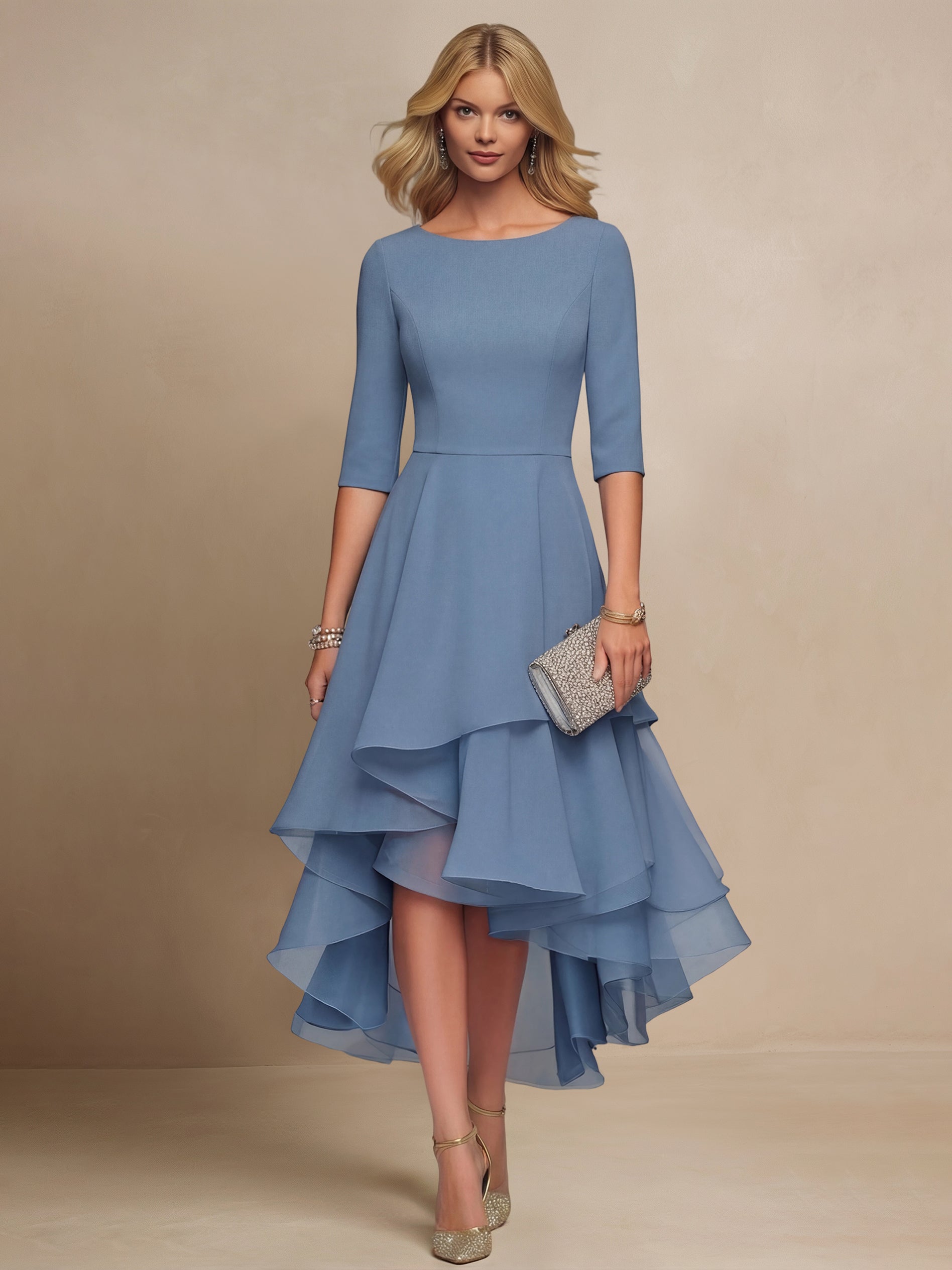 Liserie Chiffon Elegant Ruffle Midi Dress Wedding Guest Dresses