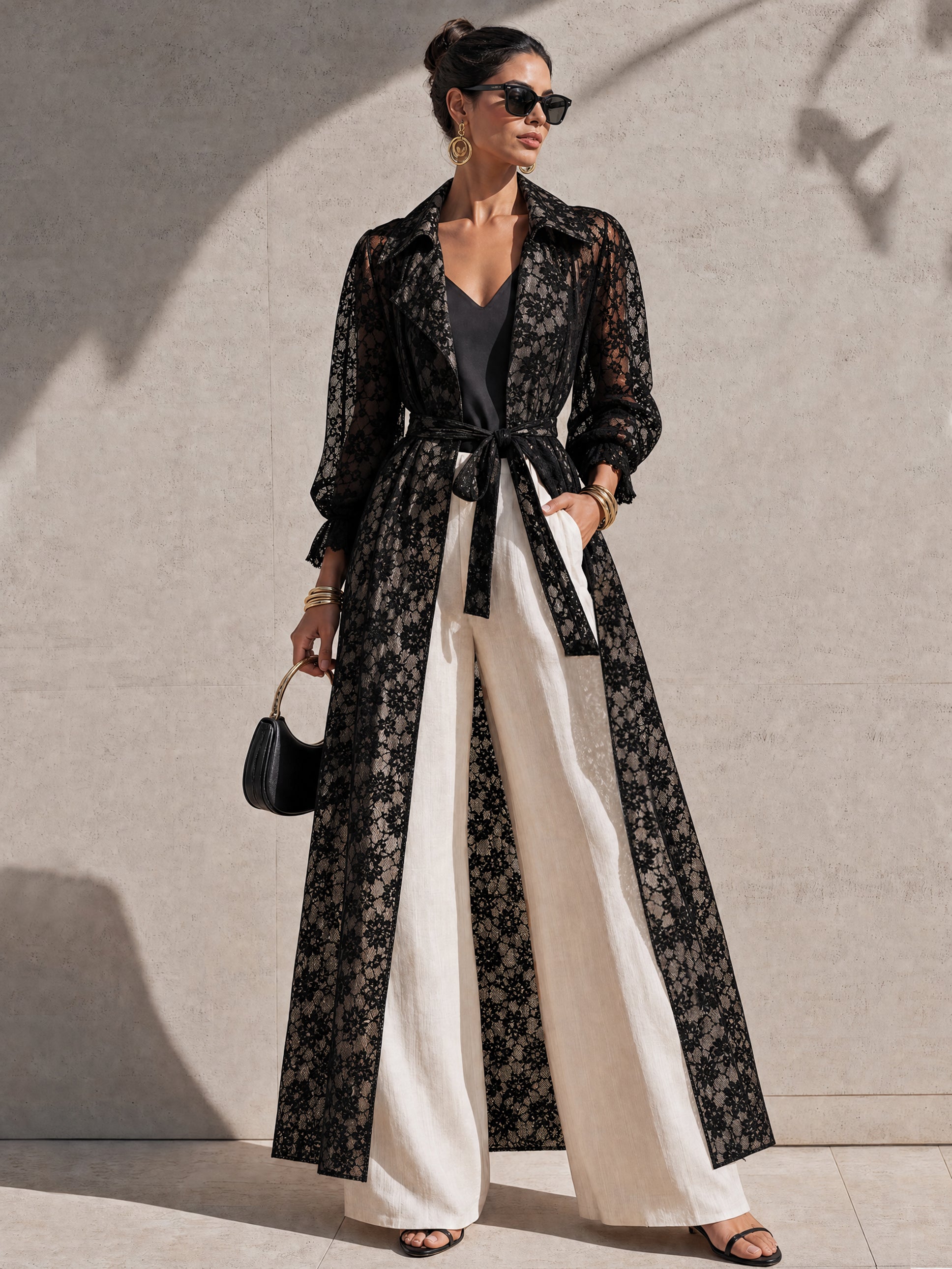 Black Floral Lace Balloon Sleeve Long Trench Coat