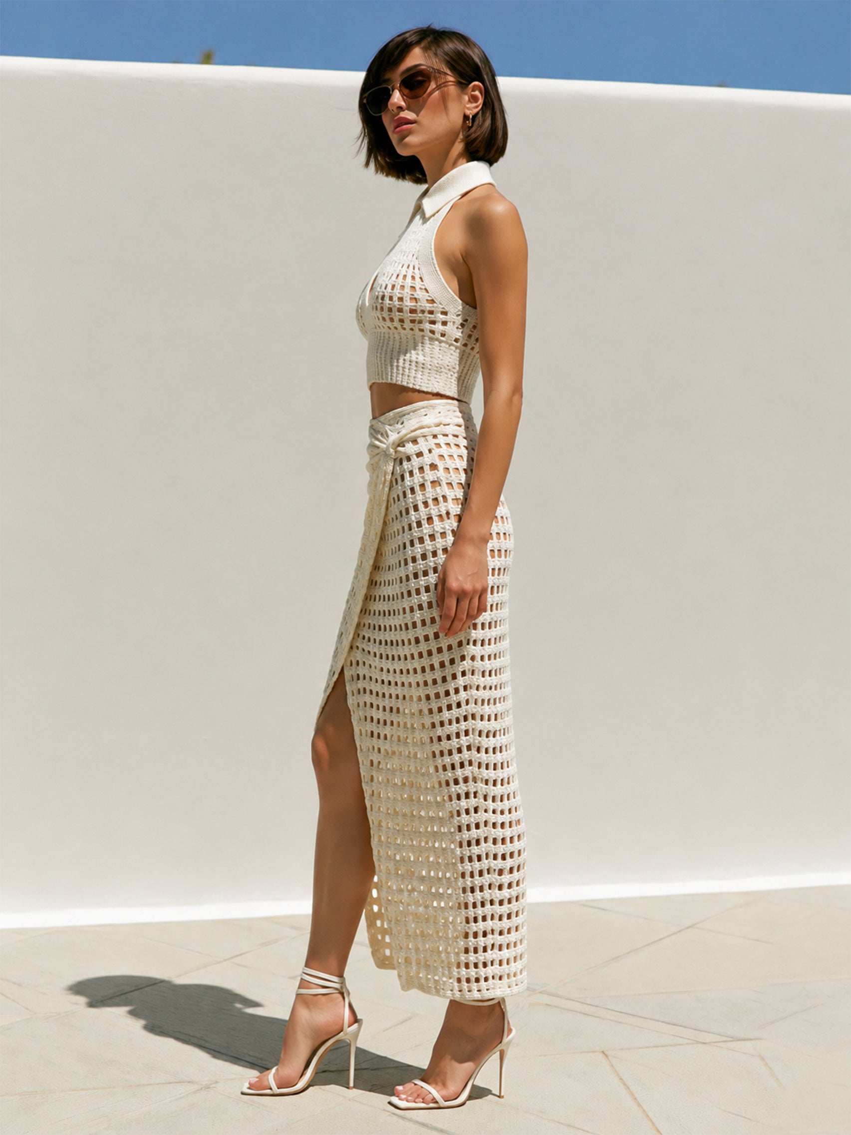 Liserie Openwork Crochet Halter Top &Split Midi Skirt Set