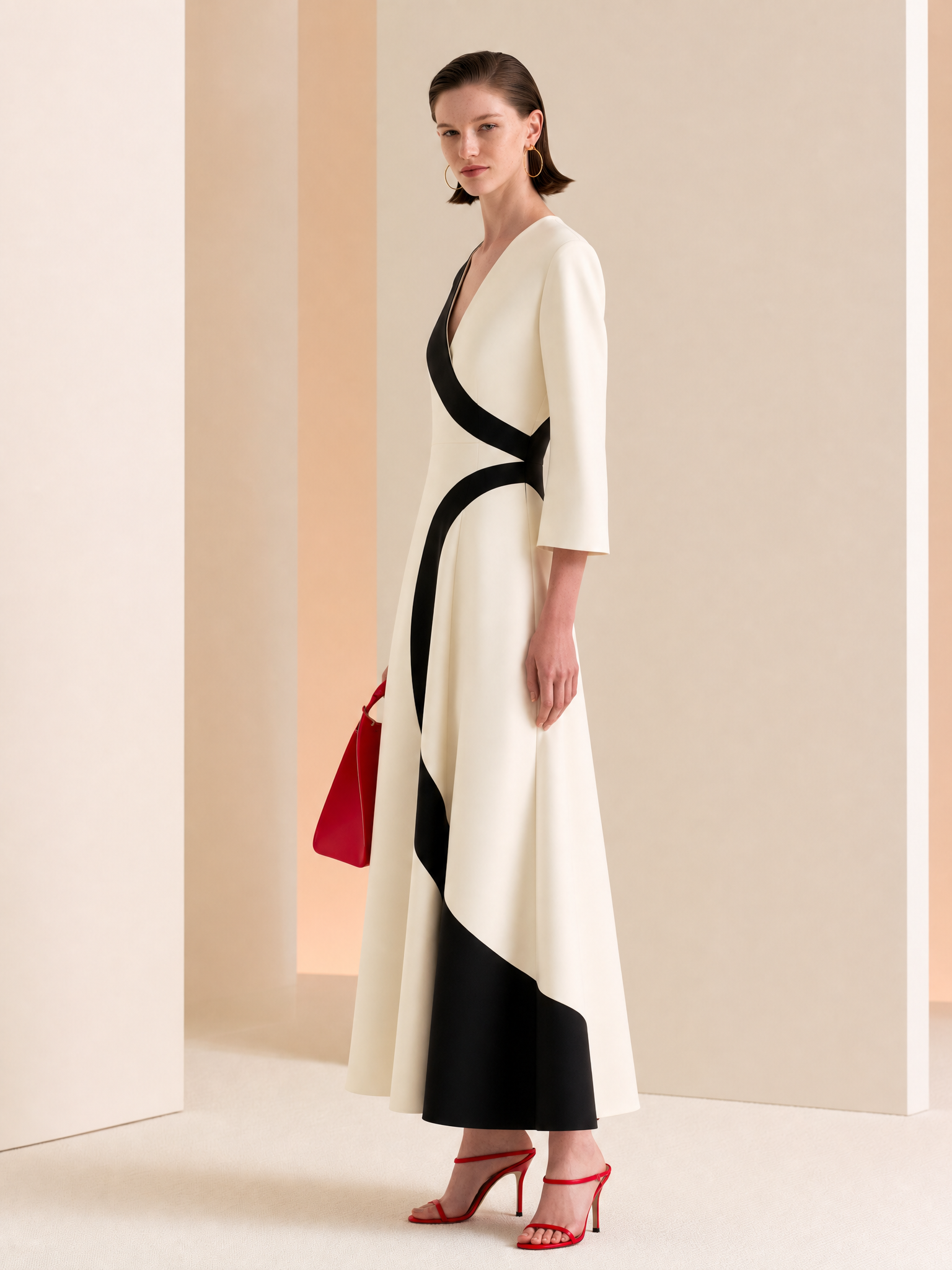 Cream Black Curved Colorblock V-Neck Flare Sleeve A-Line Midi Dress