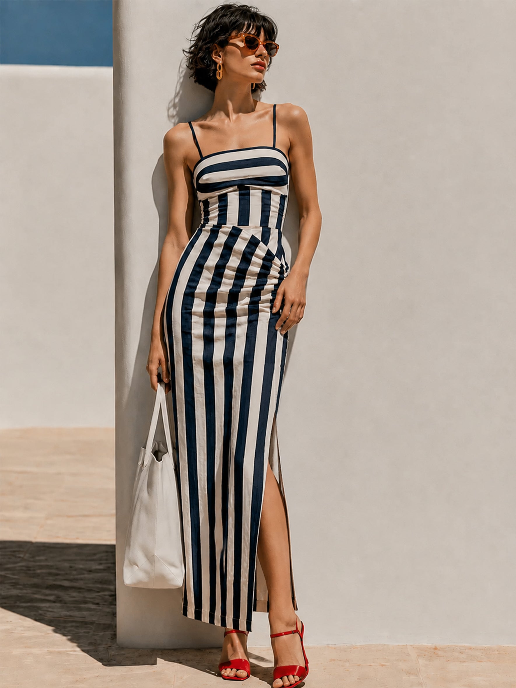 Timeless Blue White Striped Fitted Midi Dress