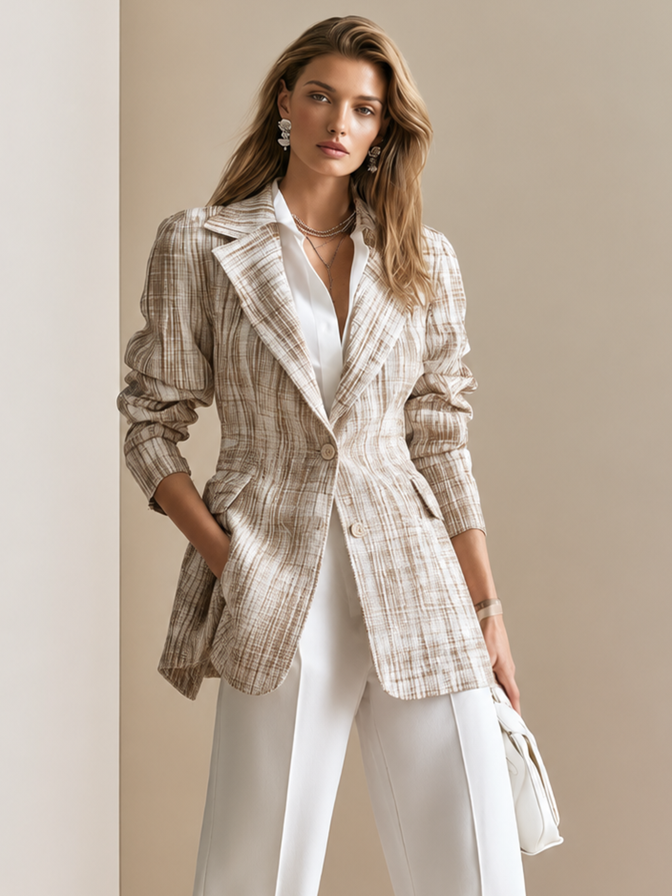 Elegant Beige Grey Textured Tailored Blazer Jacket